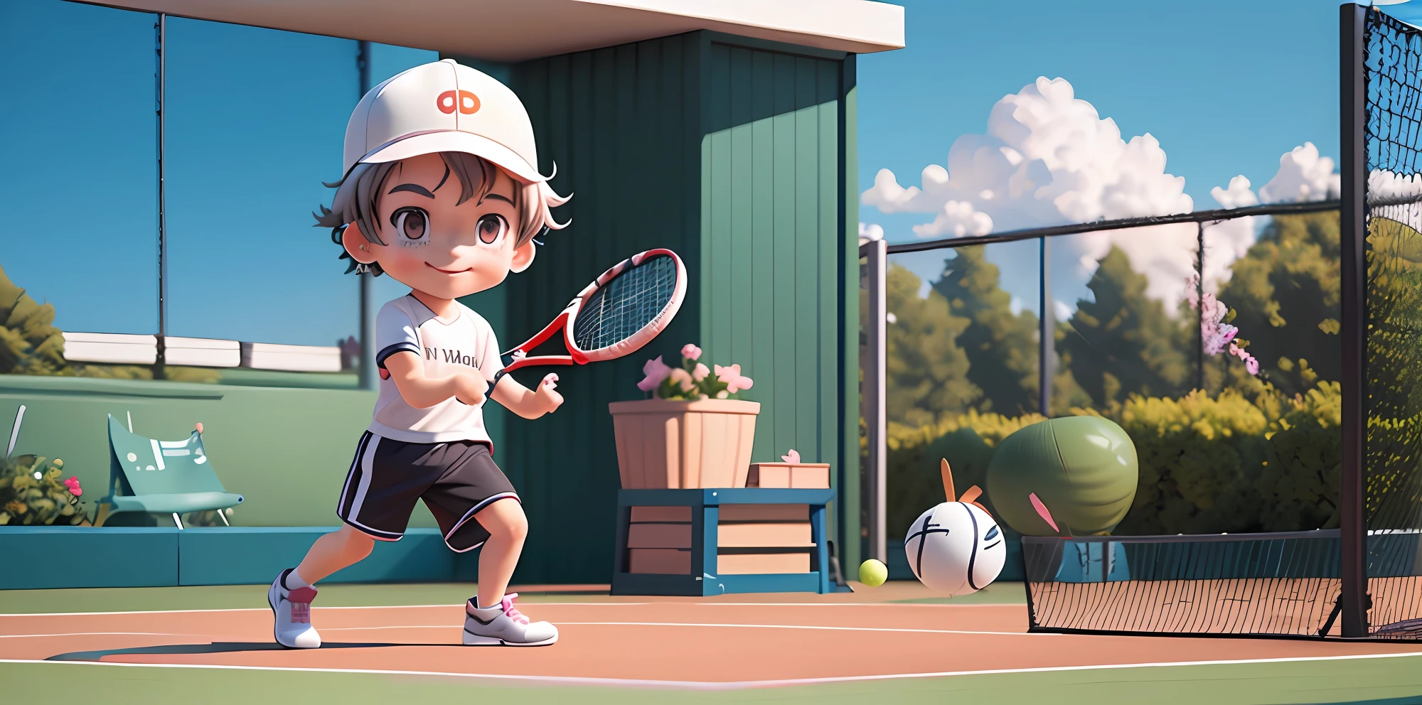 A boy plays tennis at a tennis court, gym,  black eyes, short hair, gradient hair, sportswear, T-shirt, smile, stud  earrings, athletes, Boater  hat, sneakers, in  spring, OC renderer, C4D, cute 3d anime boy rendering, cute detailed digital art, male explorer mini cute boy, 3d rendering stylized, 3d rendered character art 8k, cute digital painting, anime style 3d, super detailed rendering,  available  light