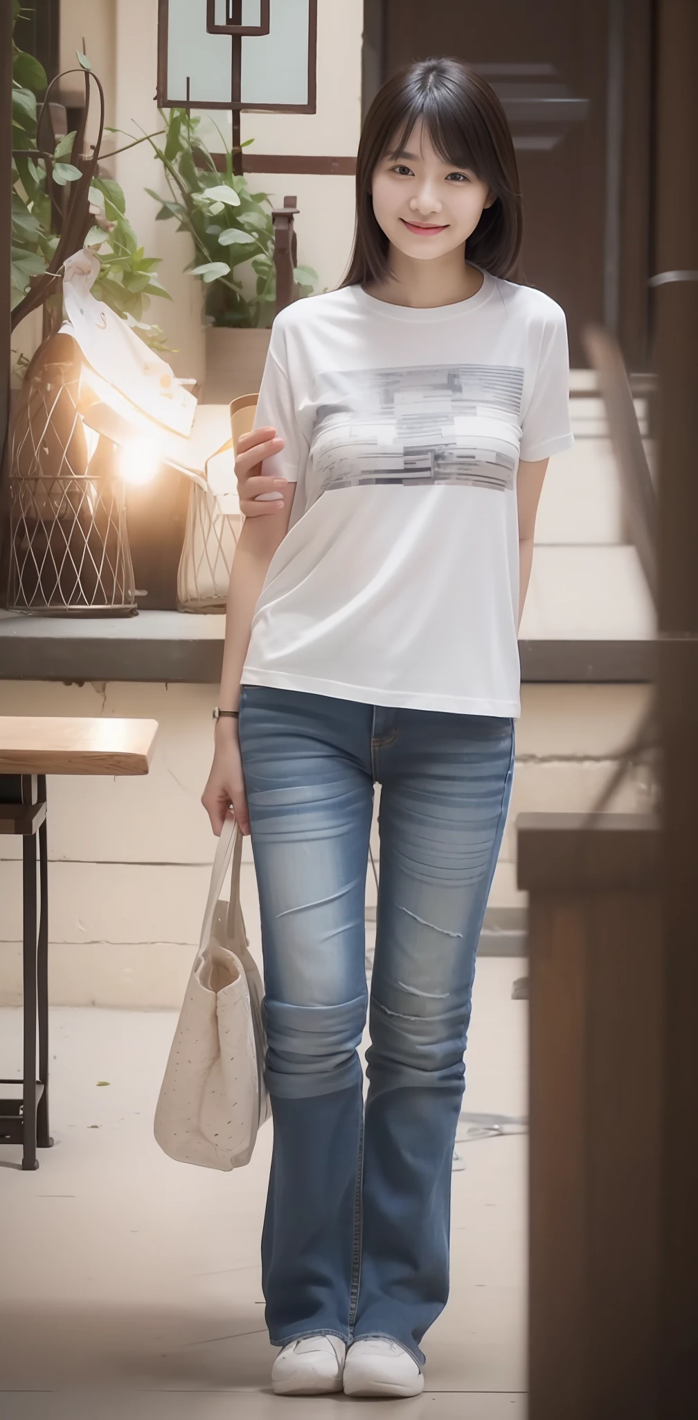 Zhu Ai_Villas，RAW photos，Brand photos，（highdetailskin：1.2），8k ultra high definition，digital SLR camera，gentlesoftlighting，high high quality，filmgrain，富士XT3，20 years old Asian woman，Wear simple clothes，T-shirt and skinny jeans，Detailed clothing details:1.3，perfect body figure，Super detailed facial details and skin，Fair and tender face and skin，二重まぶた，Super detailed eyes，Sweet smile:0.5，fully body photo