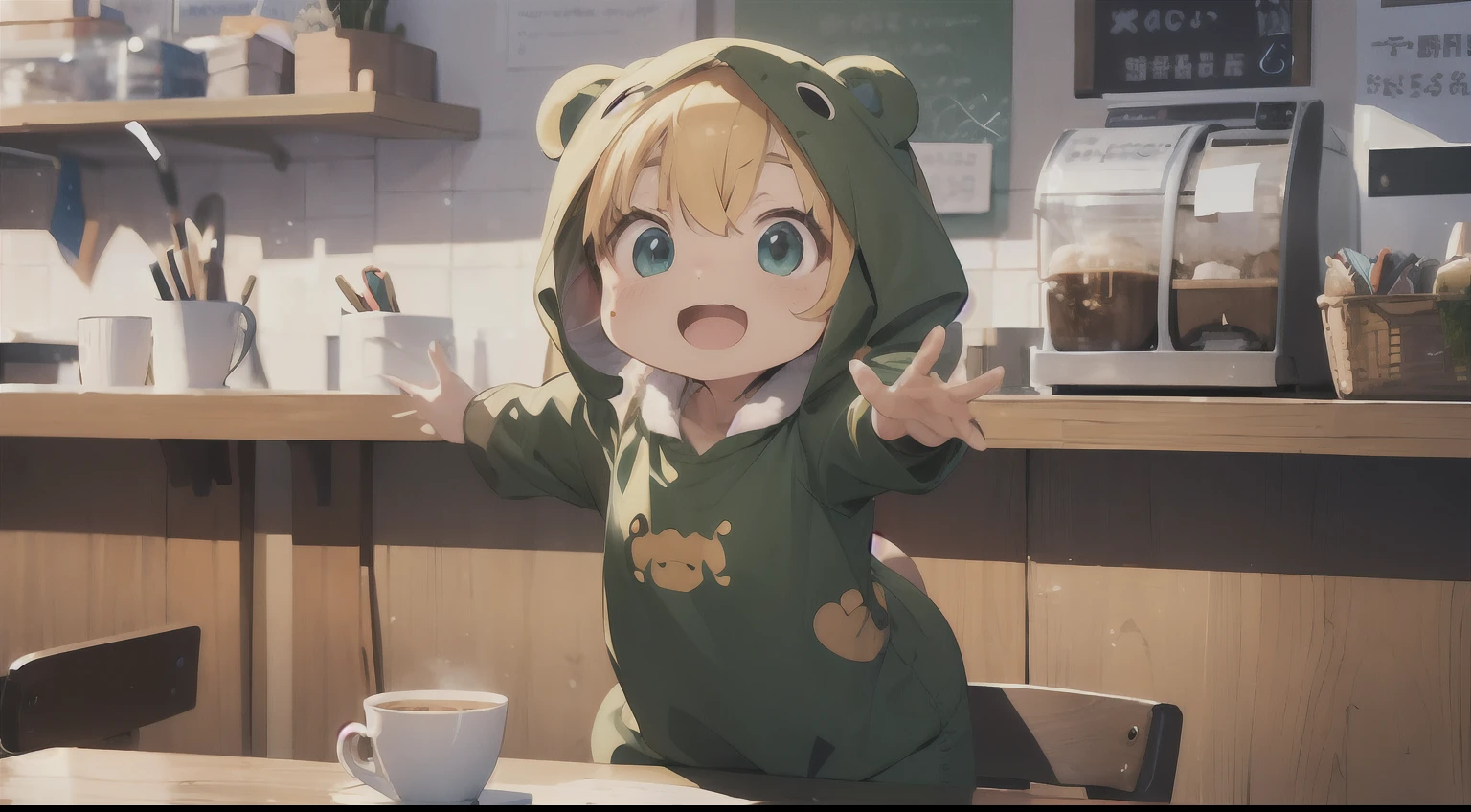 Cute elf character drawn in realistic hand drawn style、I work at a concept café、Today I generated a bright illustration of dancing in a bear costume。