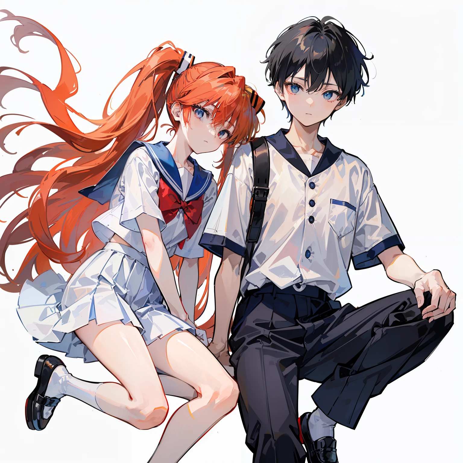 (Asuka Langley and Shinji Ikari、校服、simple background、a sailor suit、Boy with black hair、Lovers、Japan junior high school students、Female foreground、Black Flat Shoes、Boy in long pants、Male child、Boy in white short sleeve button shirt、Girl in a light blue sailor suit with short sleeves、Girl in a light blue skirt)