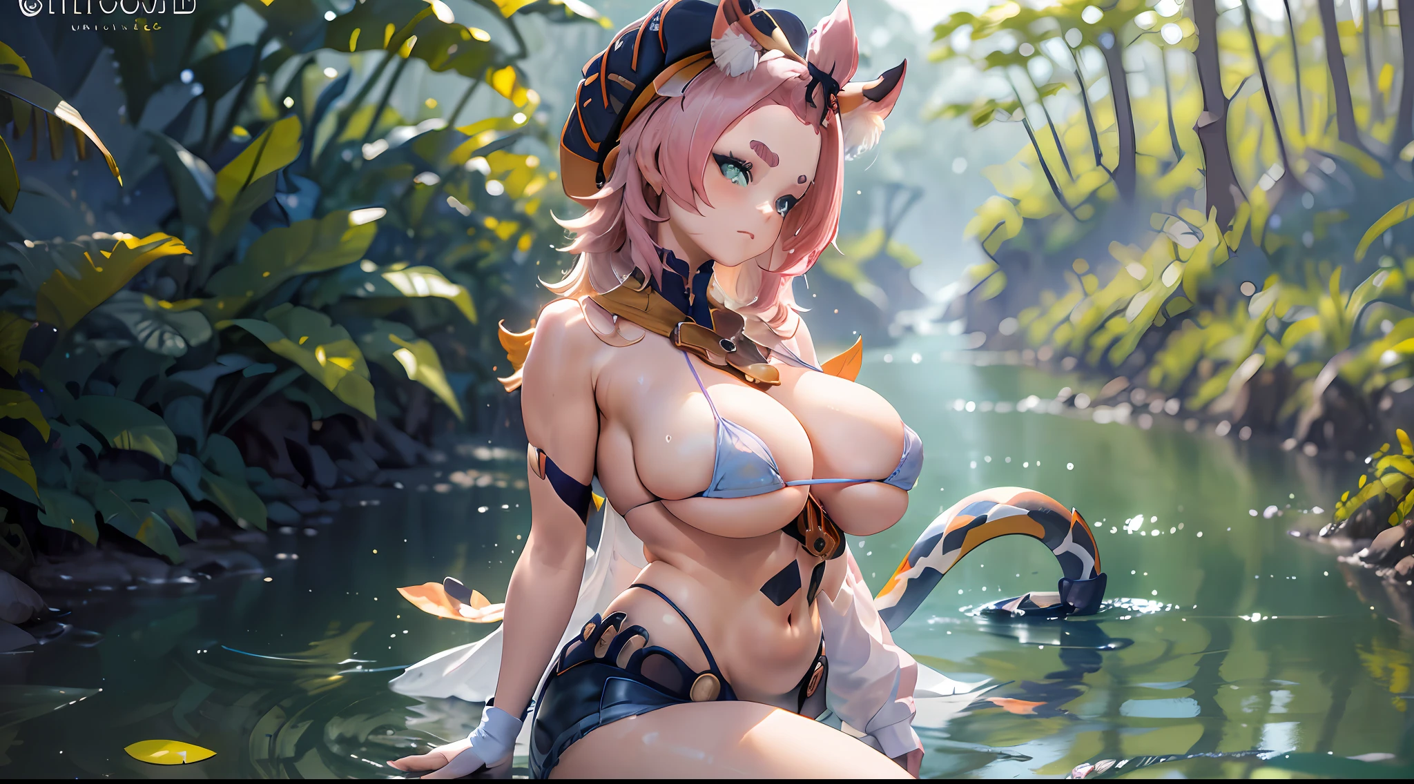 Diona Genshin Impact, Iwhole body, (NSTDA.:1.2), (10, beste-Qualit, master-piece: 1.4), ultra-high resolution, (realistic, photorealistic: 1.48), Cute Girl 25 years old , ( Beetle Micro See-through bikini:1.11), huge breasts, famous Japanese celebrities, blue eyes, head tilt, cowboy style Side view Looking at viewer Emotionless Beautiful river in the forest Zeiss 150mm F/ 2.8 Hasselblad Whole body Foot Ultra Wide angle