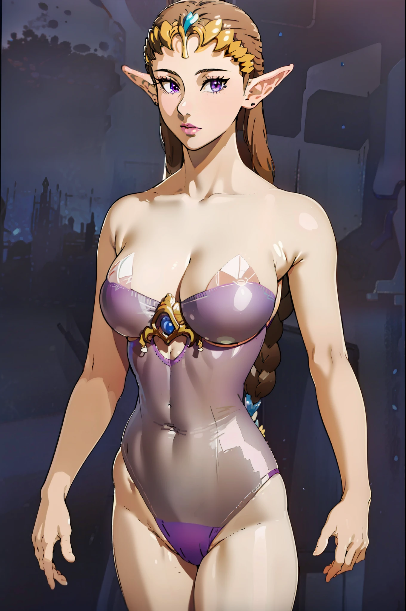 8K High Quality,highly accurate,princess zelda,Beautiful figure,Beautiful face,a small face,Full body,Twilight Princess,Beautiful,Leotard,Purple Dress,Bright,highlight in eyes,small ears,Brown hair,Sexy,ultra gigantic tits,extra large tits,Big ,,Erotic,Illustration,Micro Bikini,beautiful line art.