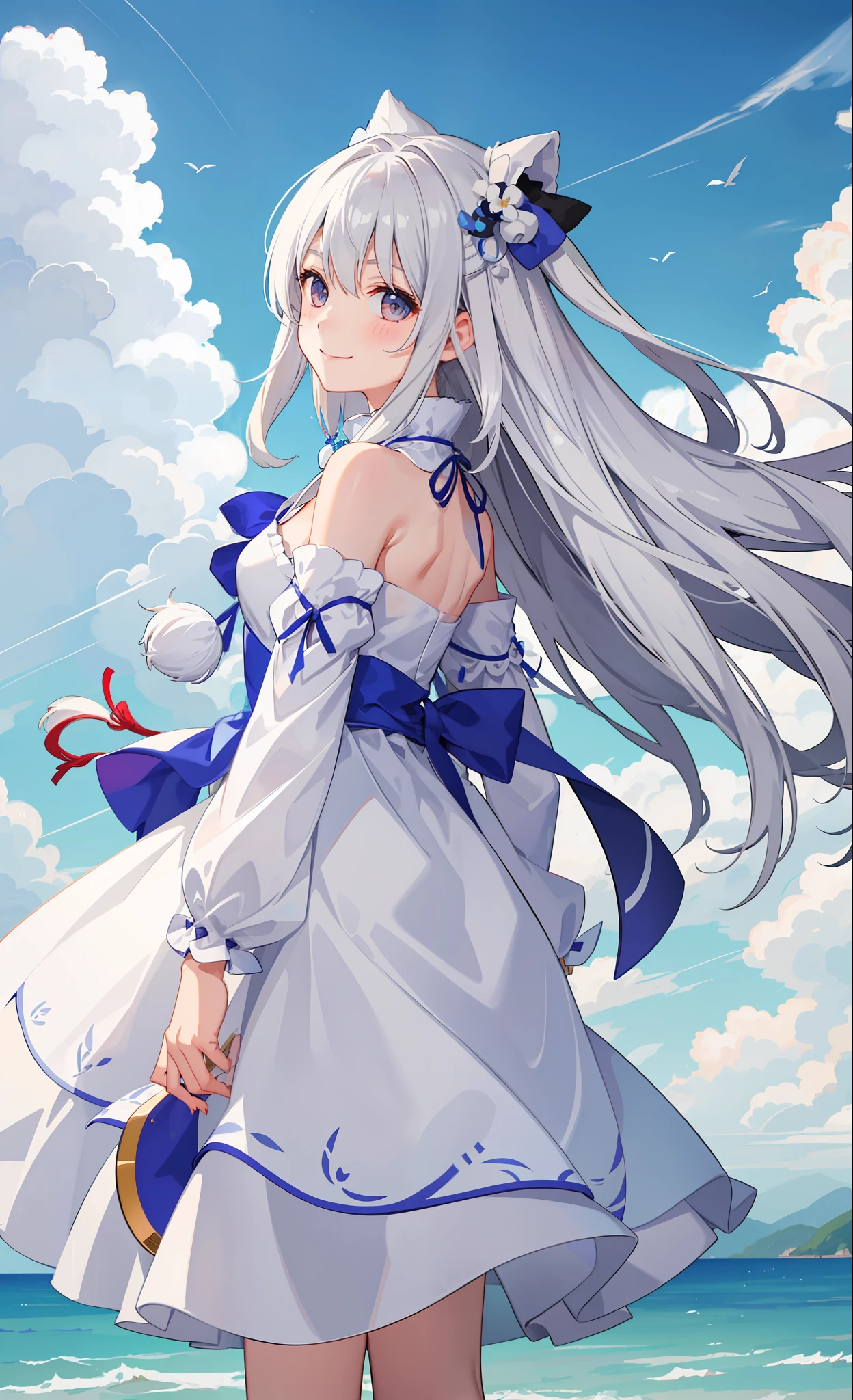 1girl in、A smile、White fluffy dress、the wind、夏天、