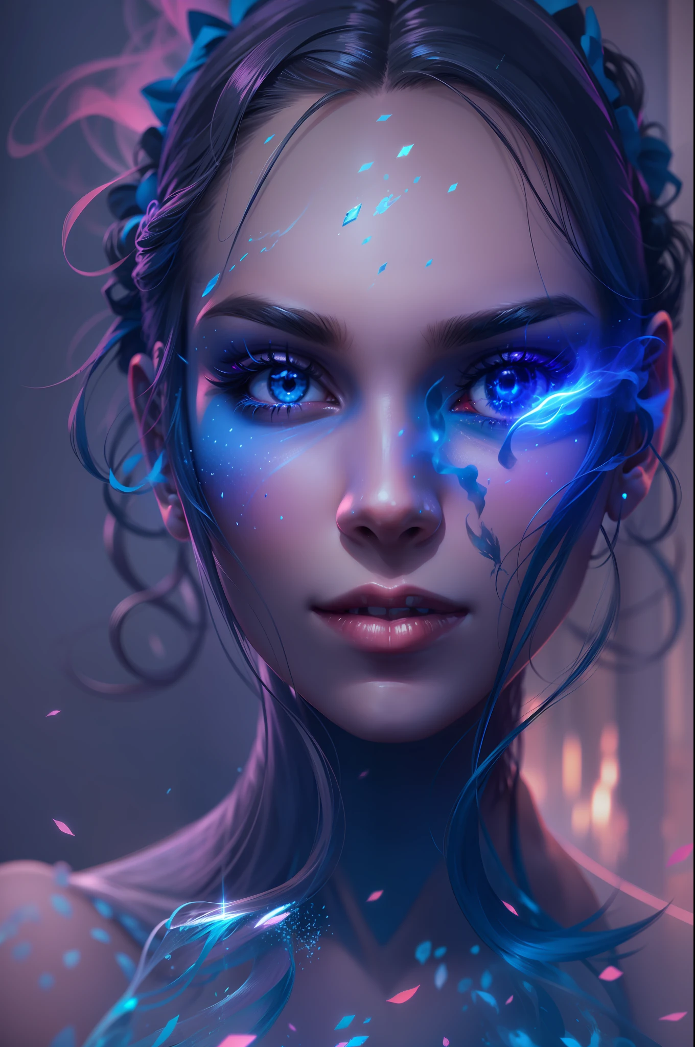 (1 girl),Volley solo,Flying,Swiftstep,Phantom,Blue neon lights render smoke,Particle effect,misterious,glitters,Cinematic fill light,Colorful water floats in the air