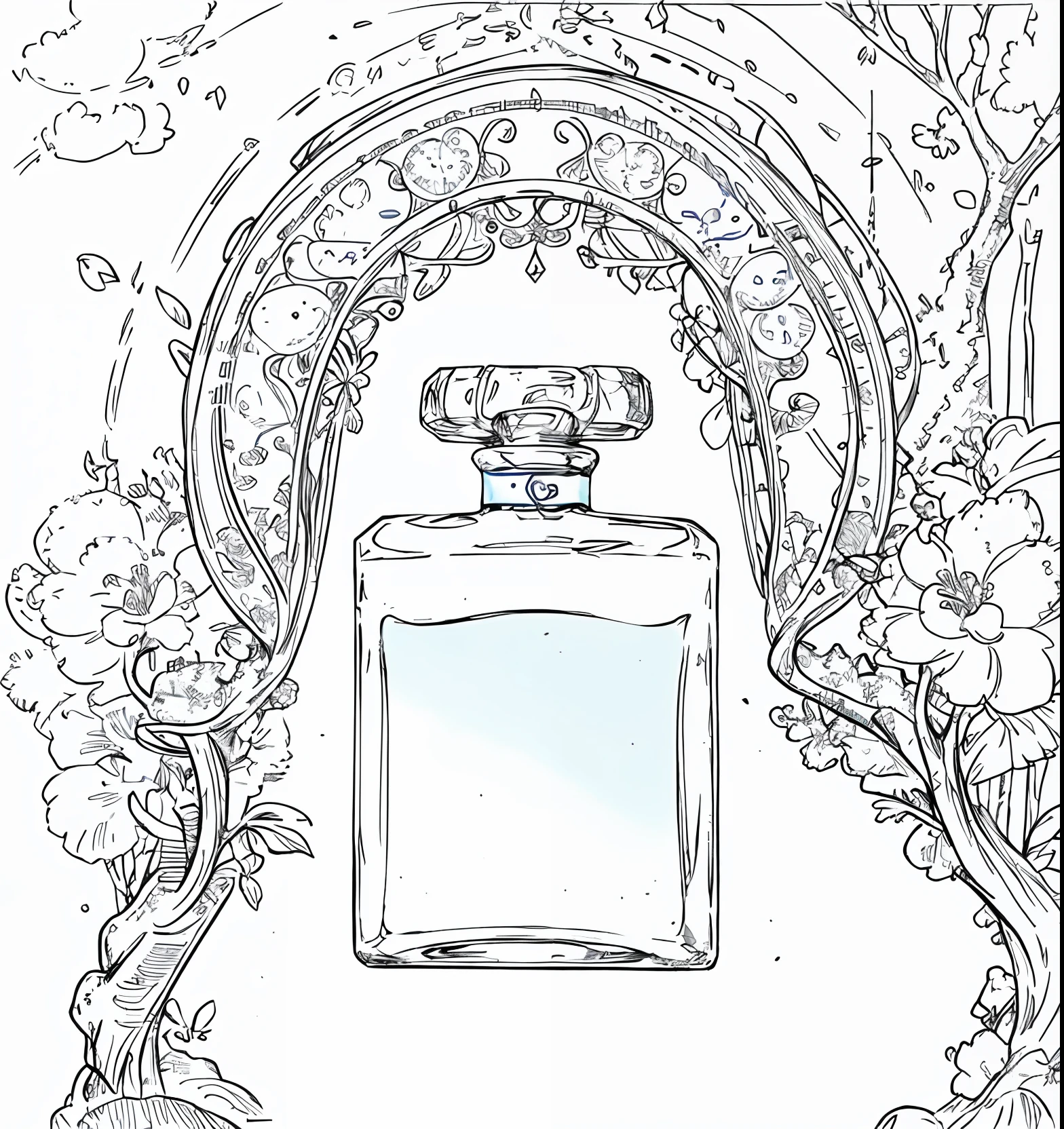 perfume bottles, tmasterpiece, best qualtiy, top-quality, 超高分辨率, 8k HDR, 8k 壁纸, hugefilesize, Complicated details, tack sharp focus, realisticlying, Delicate, astounding, CG, filigree, beautifuldetails, comic strip, Mono Color, sketching, lineworks, escala cinza, simple backgound),