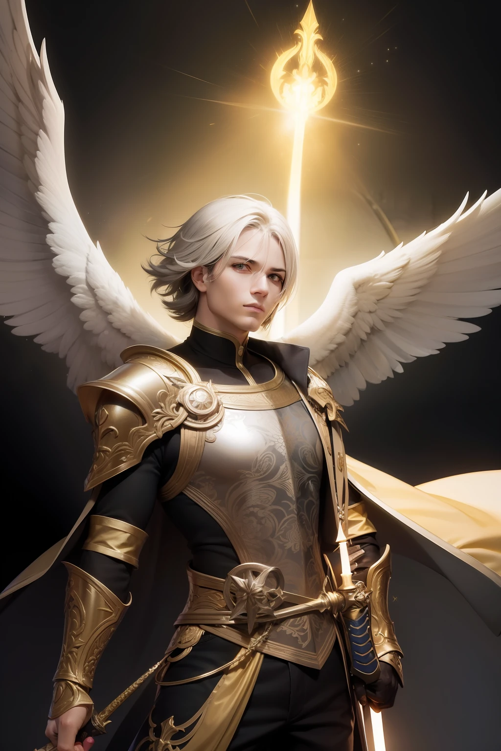 Fotorealista, anjo, masculino, poderoso, imponente, postura dinamica, asas grandes e douradas, armadura completa dourada, espada de fogo, olhos verdes, In his right hand he wields a sword of fire, rosto masculino perfeito, Seu cabelo dourado brilha como o sol, sem nudez