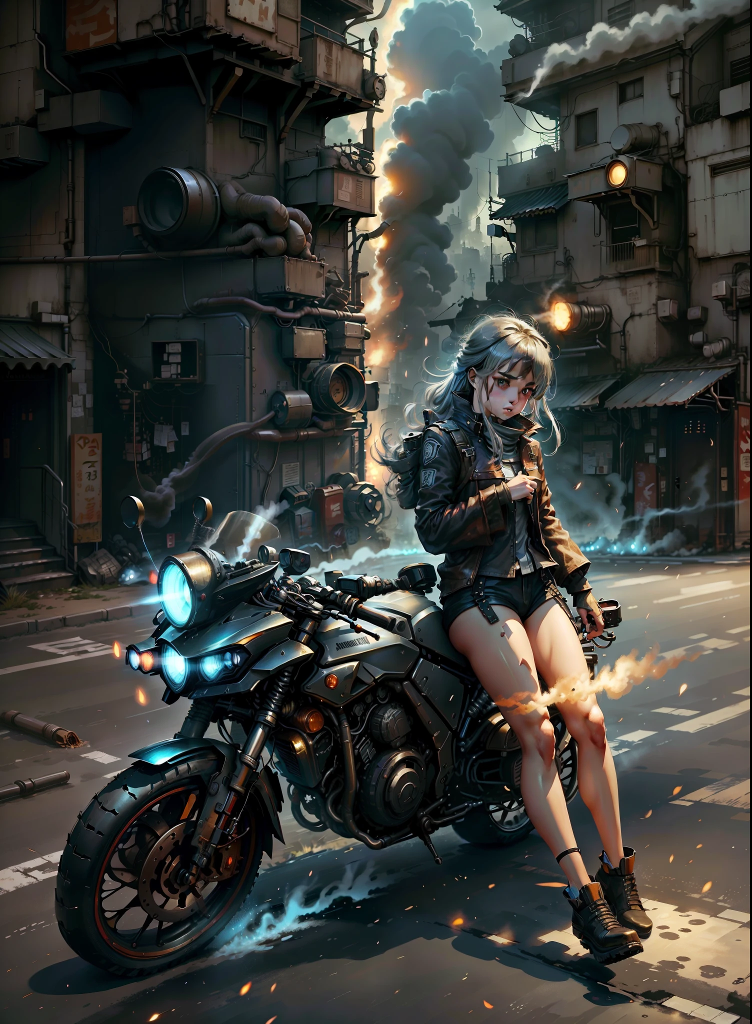 【Manga illustration】Against the backdrop of a city filled with gunfire,Several male and female racers rode motorcycles through narrow alleys,The tires rub against the ground and burst into sparks,Smoke billowing out。There are text annotations on the screen,Continuous shooting in the style of Andreas Rocha,The main colors are cobalt blue and reflective silver,Like motion picture film P30,The composition is clearly segmented。