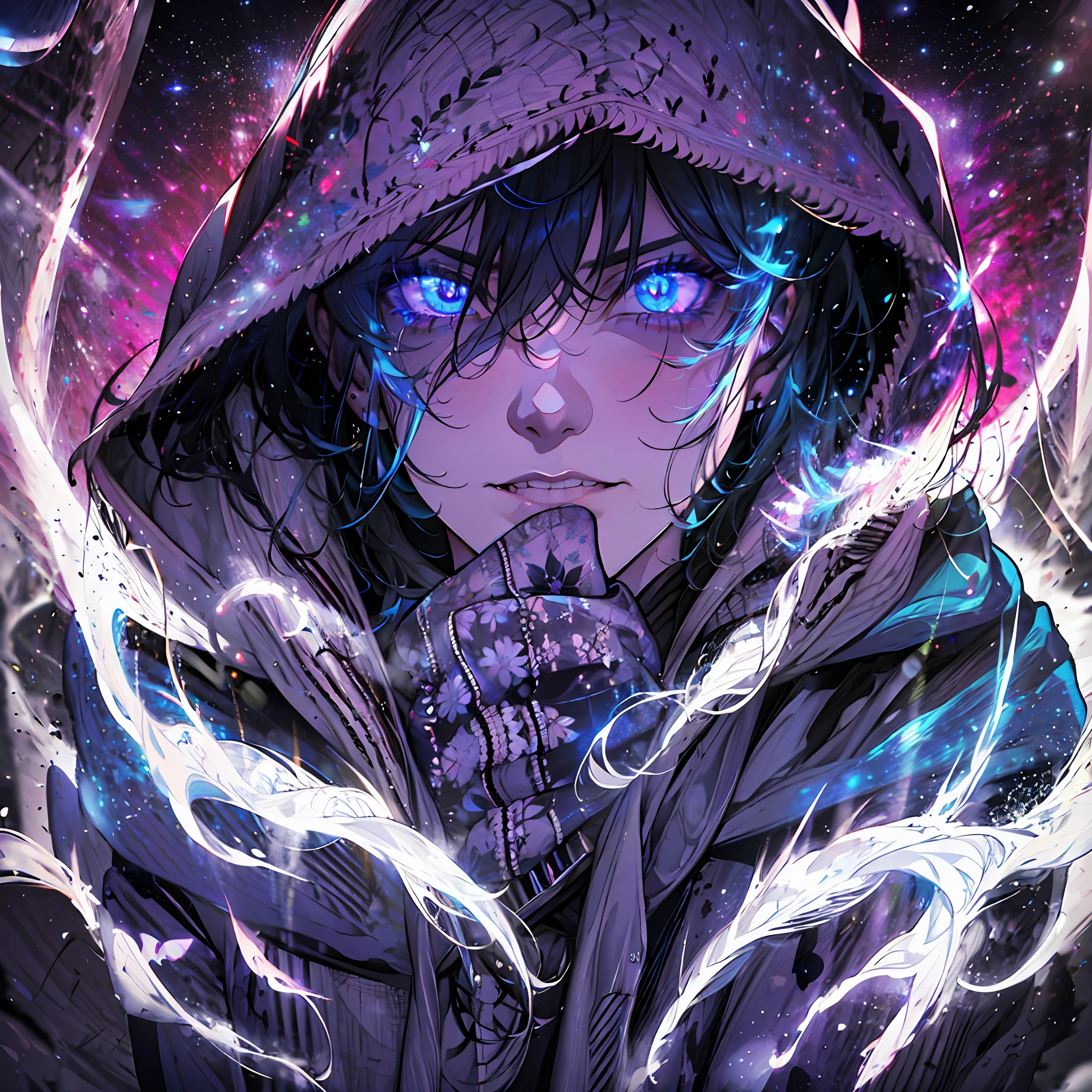 (absurdres, highres, ultra detailed)(Masterpiece, best quality:1.2),1man, wearing a hooded trenchcoat,eye glare, absolutely stunning eyes, holding purple fire in his hands, looking towards the viewer, ultimate power, wearing hood over head, (galaxy face),Close up shot,smirking, monochrome, glowing eyes