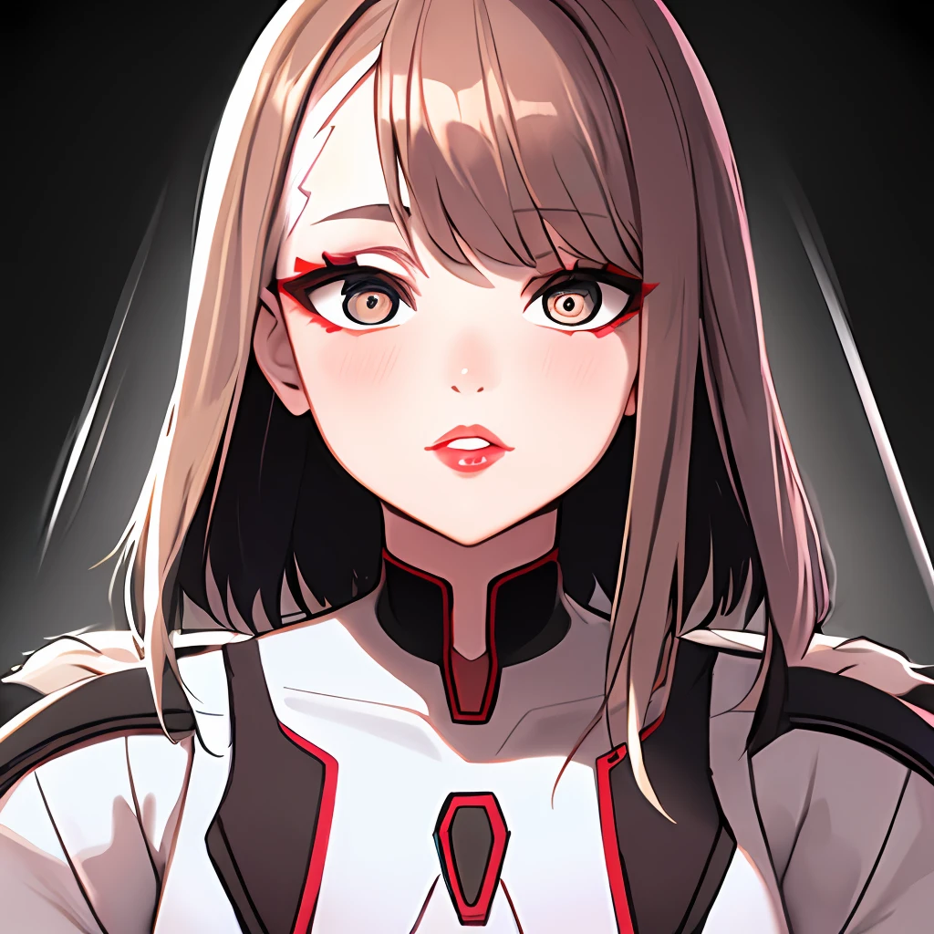Lucy \(ciberpunk\), 1girl, brown hair, Colored tips, kblack eyes, jacket, long sleeves, looking a viewer, Medium Hair, facial portrait,hairsh, flying upwards, parted lips, (crazy eyes), Eyes wide open, half faces, Red Eyeliner,peach lips solo, White jacket, ciberpunk \(series\), Cyberpunk Edgerunners,in full height,hourglass figure ,The shape of the face of the rhombus