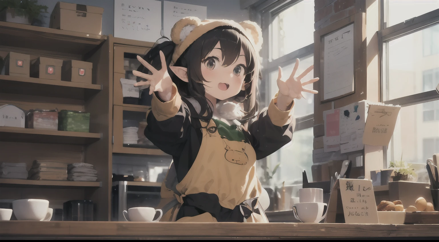 Cute elf characters drawn in realistic hand-drawn style、I work at a concept café、Today I generated a bright illustration of dancing in a bear costume。