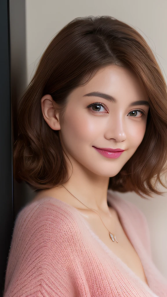 ((Night, Realistic Light, Best Quality, 8K, Masterpiece: 1.3)), 1girl, Slim Beauty: 1.4, Abs: 1.1, (Brown hair, Medium breasts: 1.3), Long pink sweater: 1.1, Bathroom, Super fine face, Delicate eyes, Double eyelids, smile, necklace