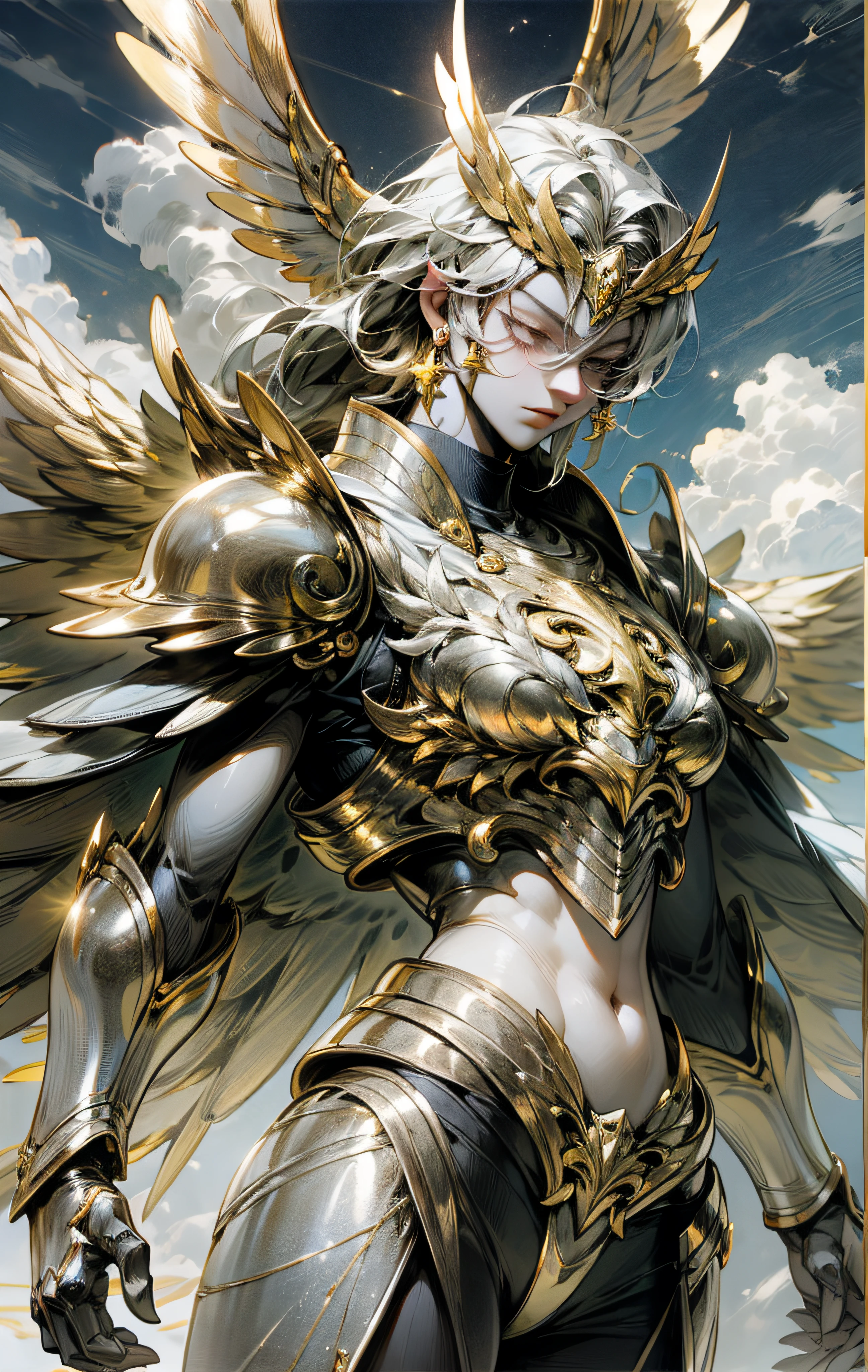 Skysky,clouds,No_Humanity,with light glowing,Silvertone,Brightly colored,Silver Gold Saint Seiya,Realistis,8K,Wings