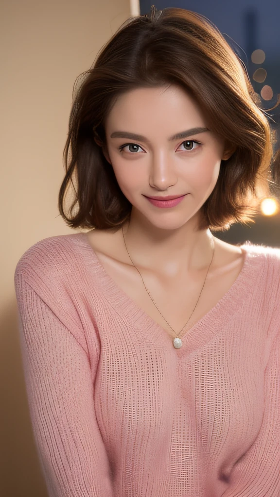 ((Night, Realistic Light, Best Quality, 8K, Masterpiece: 1.3)), 1girl, Slim Beauty: 1.4, Abs: 1.1, (Brown hair, Medium breasts: 1.3), Long pink sweater: 1.1, Bathroom, Super fine face, Delicate eyes, Double eyelids, smile, necklace