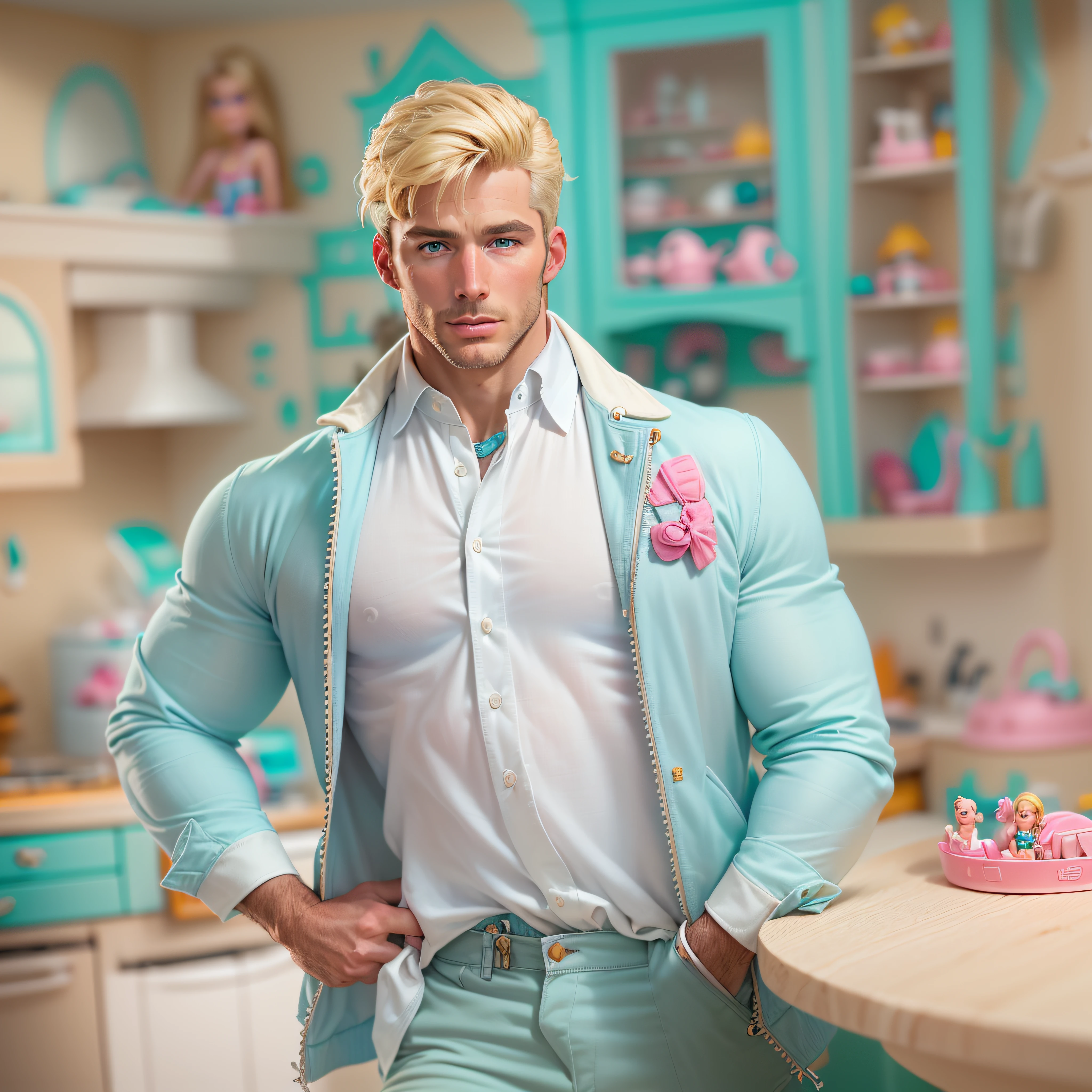 high quality, 1man, (((handsome blonde american dilf))), (((white shirt))) ((( blue jacket))), (((blue eyes))) (((in Barbie's Dreamhouse))) (((no facial hair)))