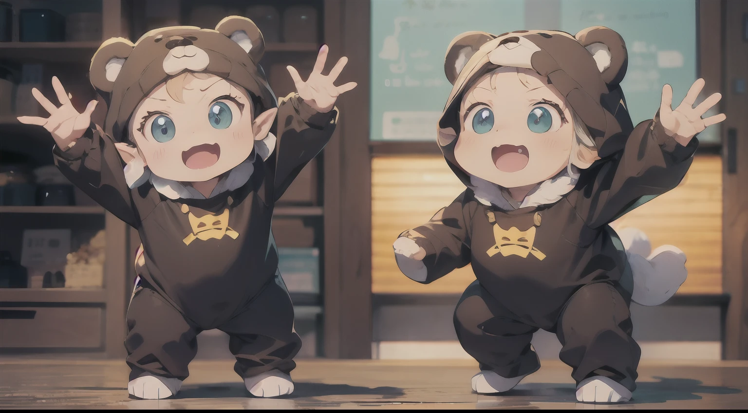 Cute elf characters drawn in realistic hand-drawn style、I work at a concept café、Today I generated a bright illustration of dancing in a bear costume。