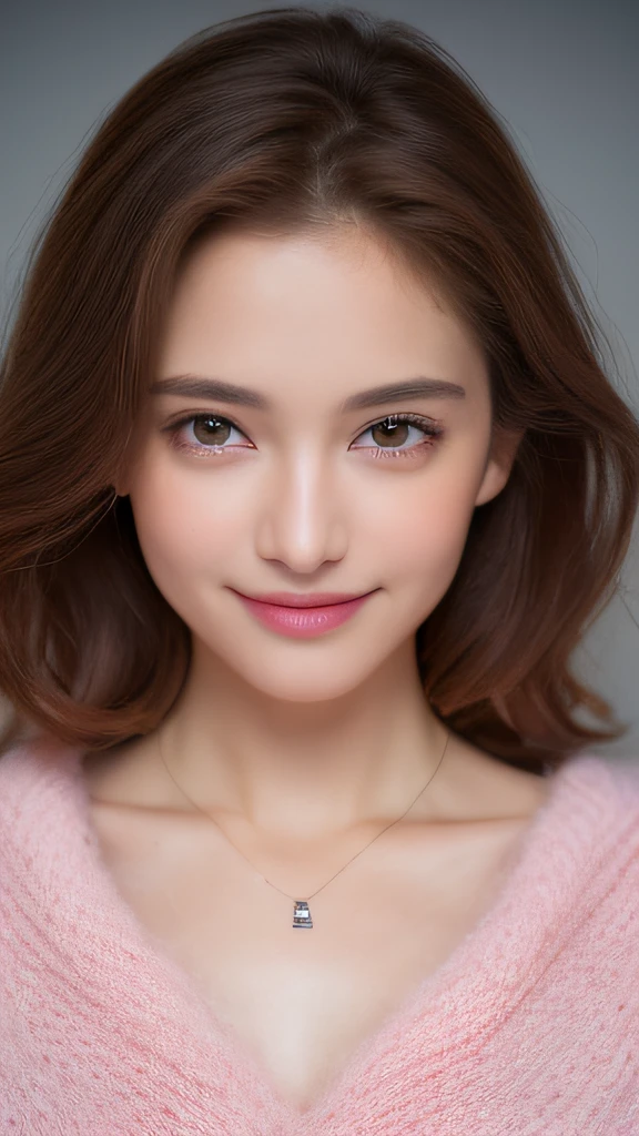 ((Night, Realistic Light, Best Quality, 8K, Masterpiece: 1.3)), 1girl, Slim Beauty: 1.4, Abs: 1.1, (Brown hair, Medium breasts: 1.3), Long pink sweater: 1.1, Bathroom, Super fine face, Delicate eyes, Double eyelids, smile, necklace