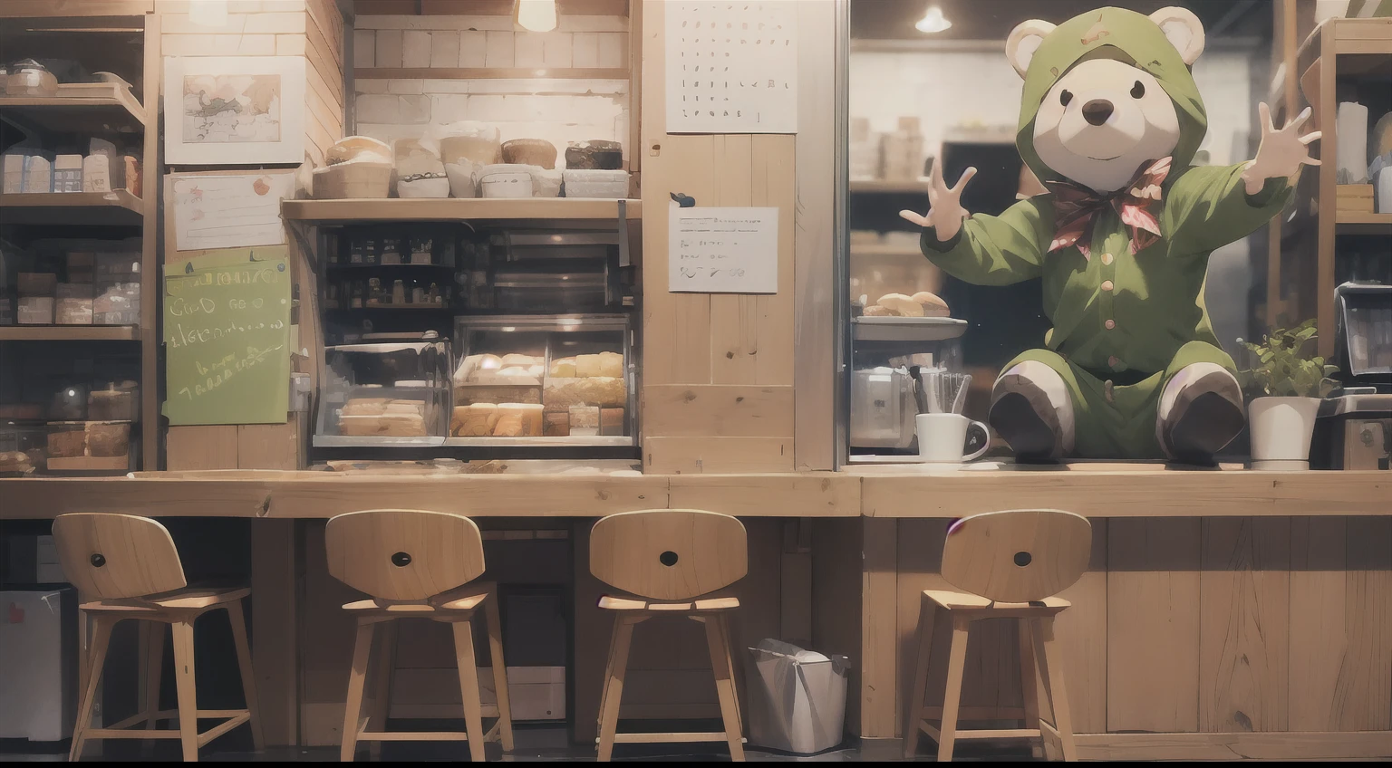 Cute elf characters drawn in realistic hand-drawn style、I work at a concept café、Today I generated a bright illustration of dancing in a bear costume。