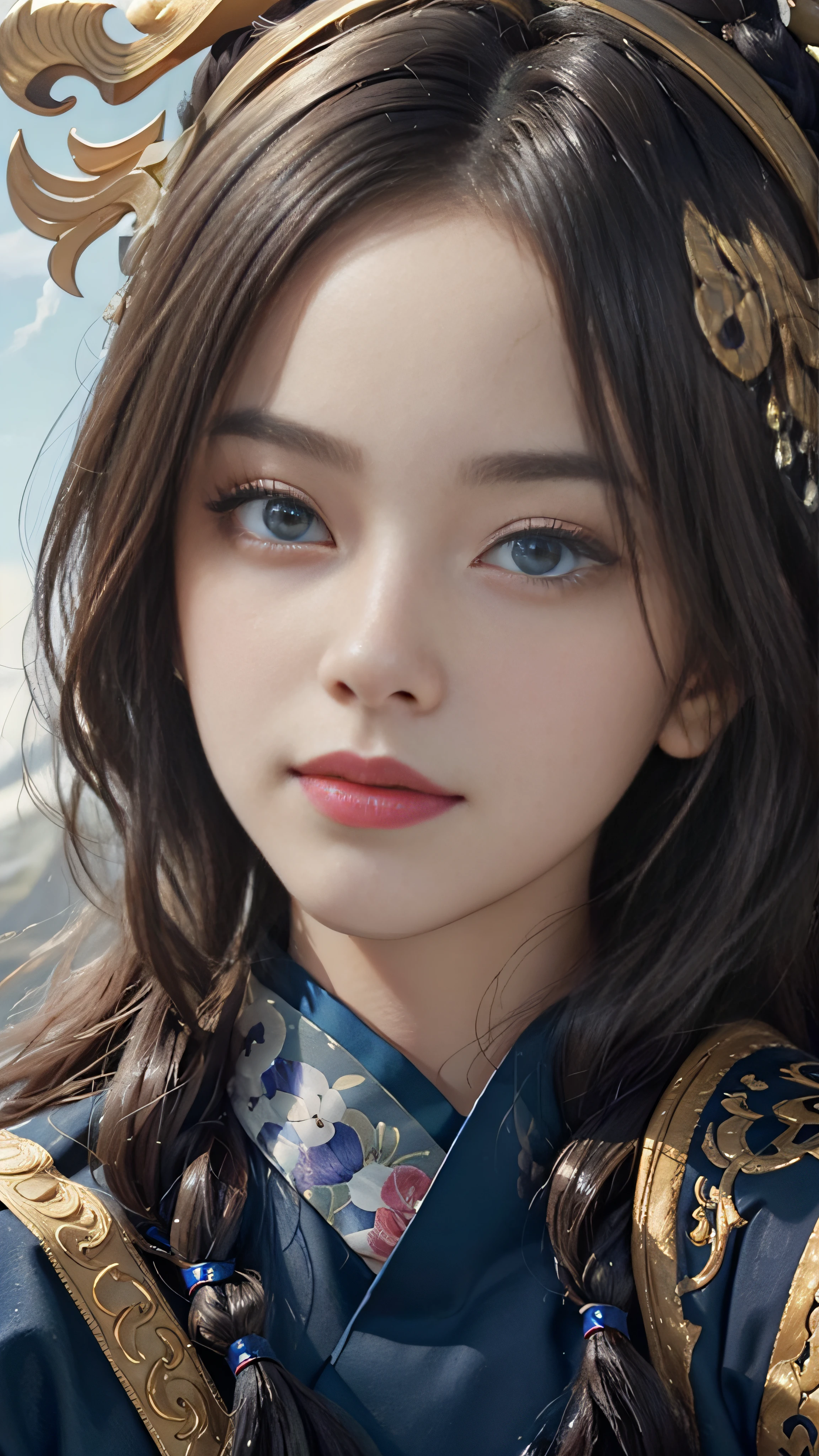 a 20-year-old woman , a woman standing next to a Chinese dragon, the whole painting uses a beautiful and gorgeous, dark blue eyes, long hair fluttering, the whole painting shows excellent photo real details, light and shadow tracing, rich details, (close-up portrait:1.8), dragon girl portrait, Chinese bun hair, dragon-inspired cloth robe, winding dragon , asian girl, flowing black long hair, dragon Chinese in the background, golden and platinum chinese dragon, hanging ornaments, Chinese fantasy, Gorgeous hanfu, (most beautiful form of chaos), (Ribbon:1.3), (Dream:1.5), (thangka flying sky: 1.5), (realistic portrait), official art, unity 8k wallpaper, very detailed, realistic, ultrarealistic super detailed, beautiful quality, masterpiece, best quality, (fractal art: 1.4), ray tracing, (character center: 1.3), high-contrast, vibrant color, dynamic angle, look at viewer, golden ratio, sexy body, (soft smiling:1.4), balanced irises, deep irises, liquid eyes, pop-eyed, (focus face:1.8)