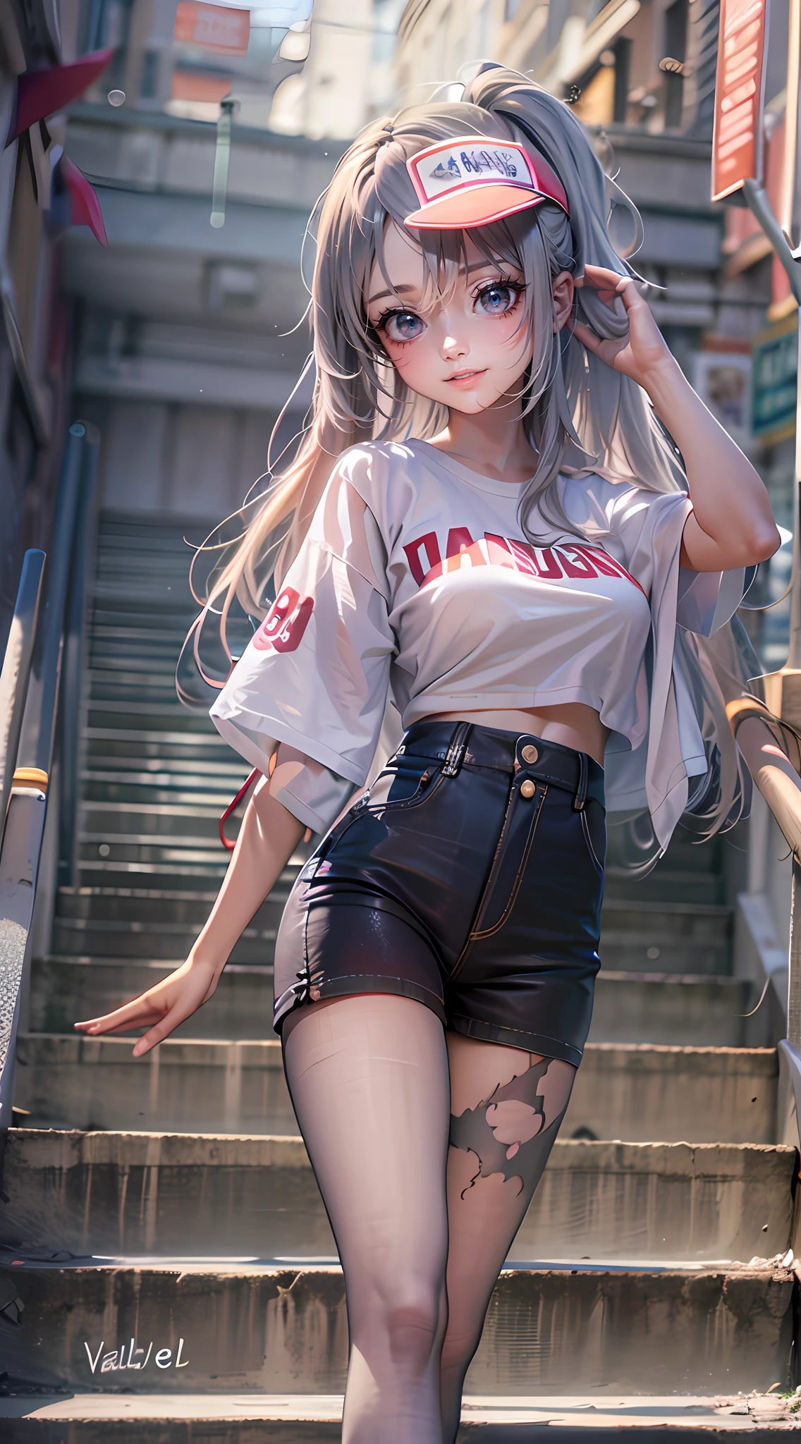 incantation(Prompt): tmasterpiece, Best quality at best, absurderes, Perfect anatomy, 1girll, 独奏, Love Espada, long whitr hair, pony tails, , baseball cap, graphic t shirt, denim short, Shorts pantyhose, Sat down, stairways, exteriors, 城市, ssmile, Dutch angle, wide - angle shot,Hands on your back,nabel