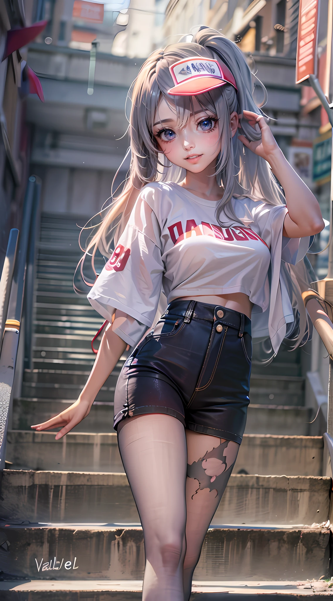 incantation(Prompt): tmasterpiece, Best quality at best, absurderes, Perfect anatomy, 1girll, 独奏, Love Espada, long whitr hair, pony tails, , baseball cap, graphic t shirt, denim short, Shorts pantyhose, Sat down, stairways, exteriors, 城市, ssmile, Dutch angle, wide - angle shot,Hands on your back,nabel