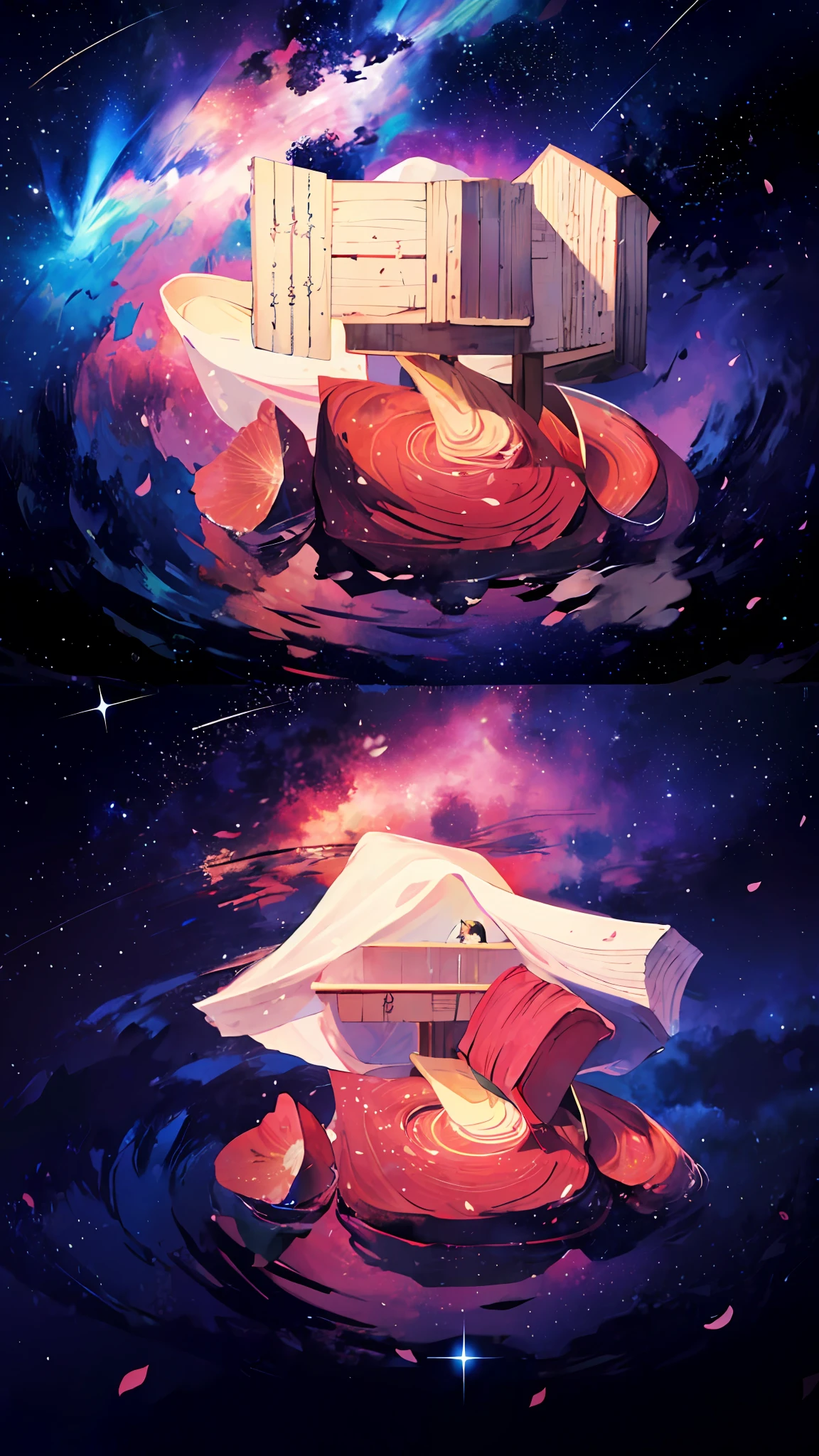 1girl, distant girl wearing a kimono staring at the stars, (zoomed out:1.1), (meteor shower:1.2), (comet:1.1), your name, low angle, from behind, aroura borealis, shooting star, yukata, red kimono, cherry blossoms, standing in a field,best quality, masterpiece, cloud,colorful, starry,stars,