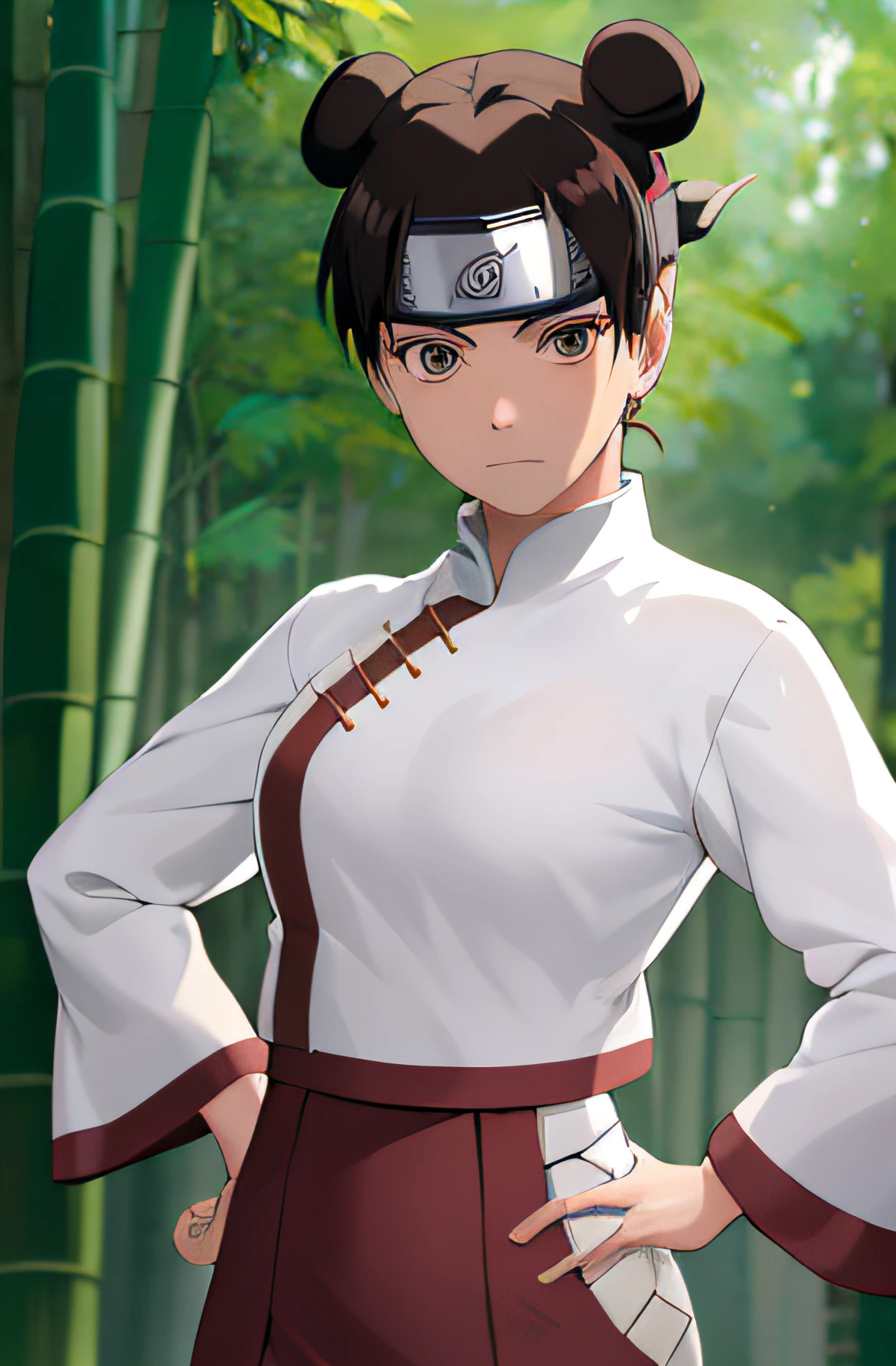 masterpiece, absurdres , (intricate details), (colorful),cinematic lighting,bust shot,extremely detailed CG unity 8k wallpaper,tenten\(shippuden\), 1girl, solo, hakama pants,white shirt, medium breasts, hand on hip,forehead protector, konohagakure symbol, headband,  looking at viewer, outdoors, bamboo forest,  frown,