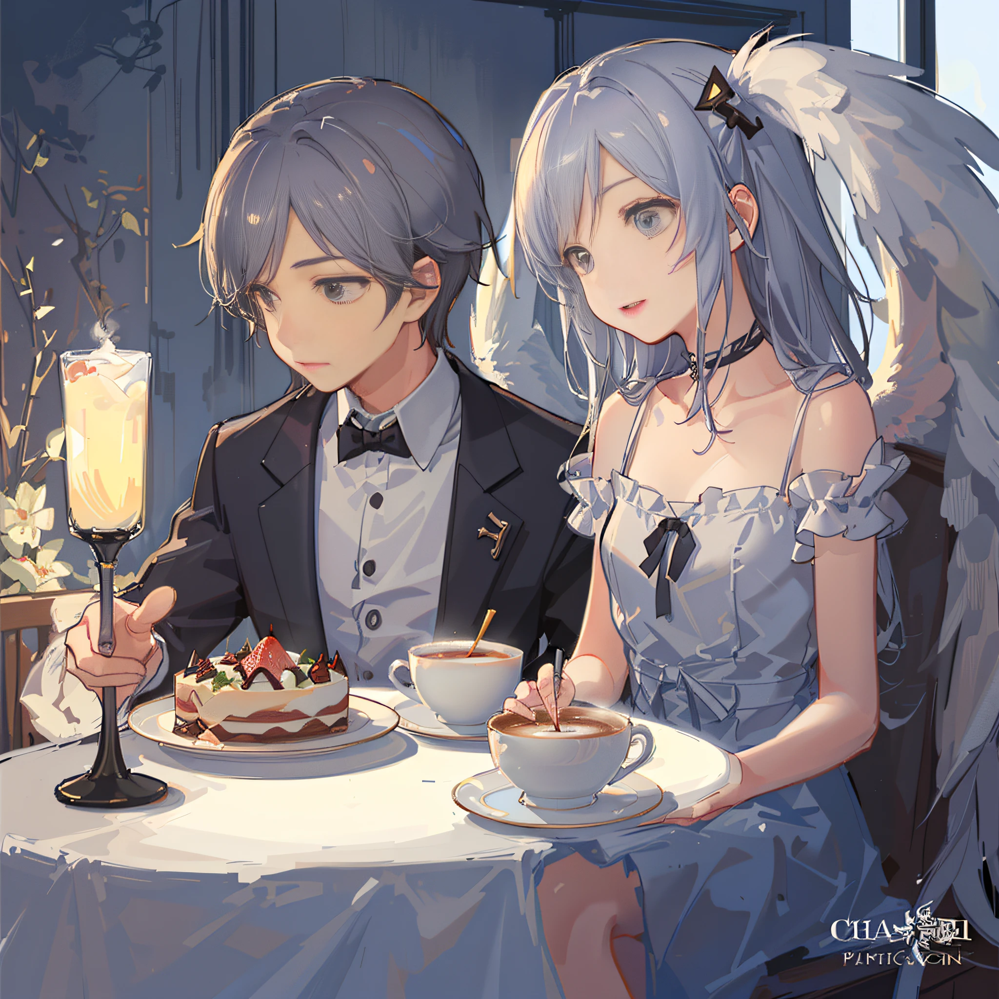 Anime couple sitting at a table，Holding cake and a cup of coffee, cafe in the clouds, silver wings, Official artwork, cherubic, WLOP and Sakimichan, Detailed fanart, restaurant!, Loli, Pixiv style, high detailed official artwork, restaurant!!, High-quality fanart, discord profile picture, official fanart, highly detailed exquisite fanart, cute couple