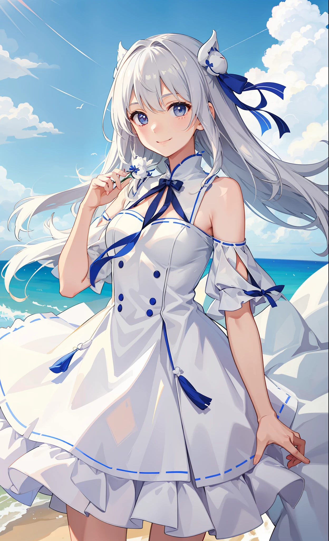 1girl in、A smile、White fluffy dress、the wind、夏天、