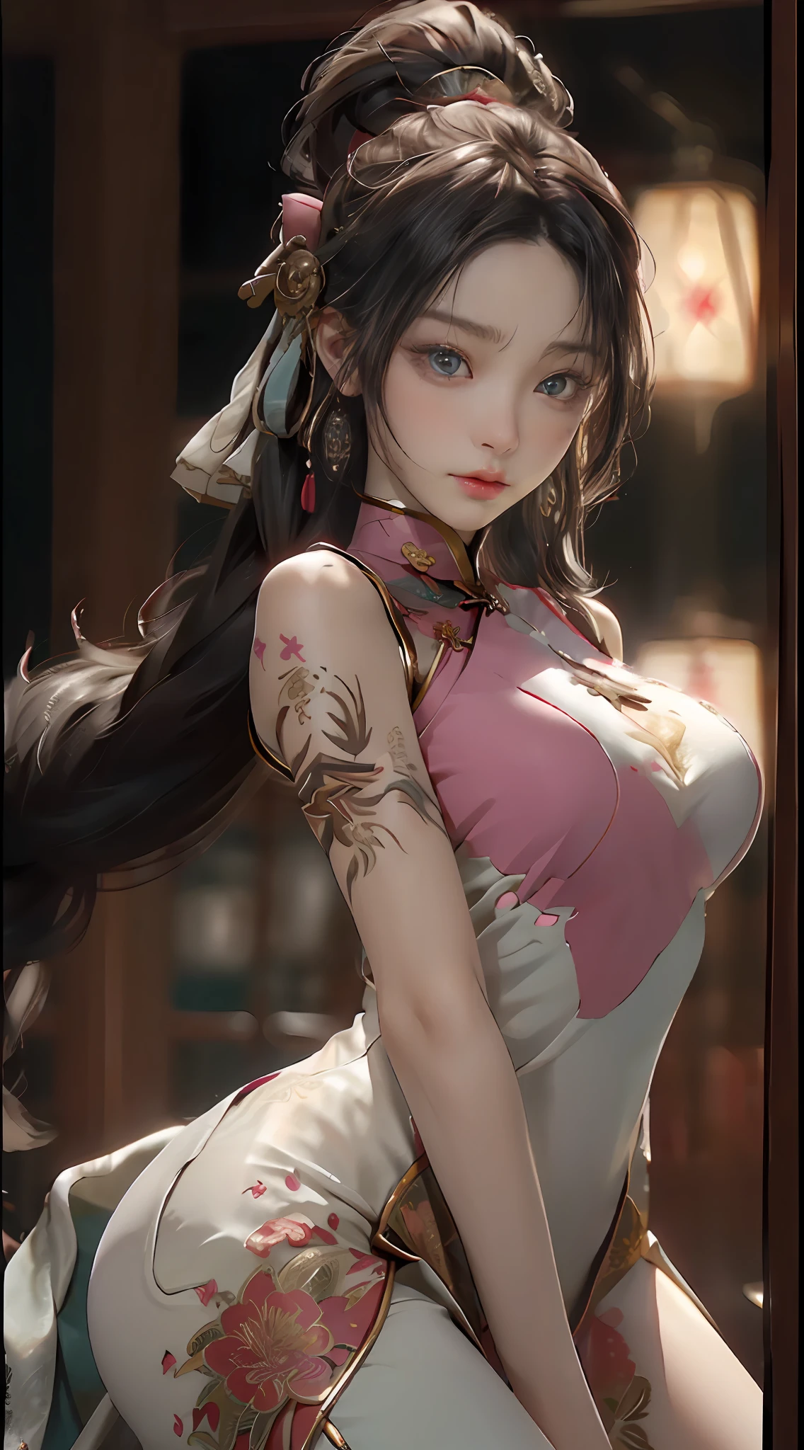 ((best qualtiy)), ((tmasterpiece)), (the detail:1.4), 3D,HDR(HighDynamicRange),Contre-Jour,War-damaged maiden,A young girl in a cheongsam looks like she came out of ancient times,But she's full of cyberpunk elements。Her expression was fierce,(Medium-sized chest),There seemed to be endless anger in his eyes,The different degrees of scars and cuts all over the body make people feel awe。maximum definition and sharpness、8K RAW,full bodyesbian,
