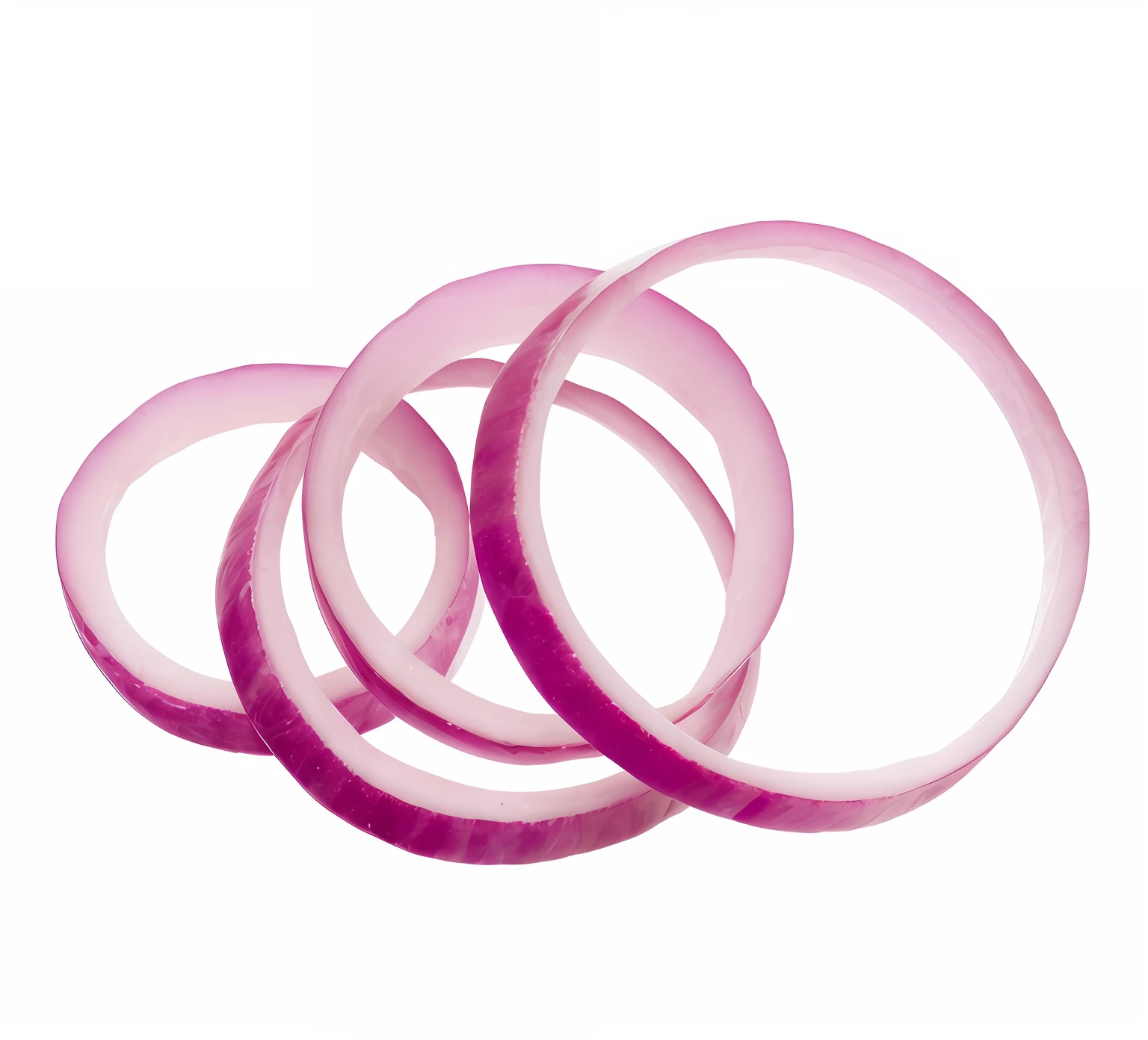 Three circles of pink onions on a white background stacked on top of each other, one onion ring, onion, Two onion rings, onion, surrounding onions, spiralling, orbital rings, very coherent image, Hermann Londoño, ,spirals, A illustration,