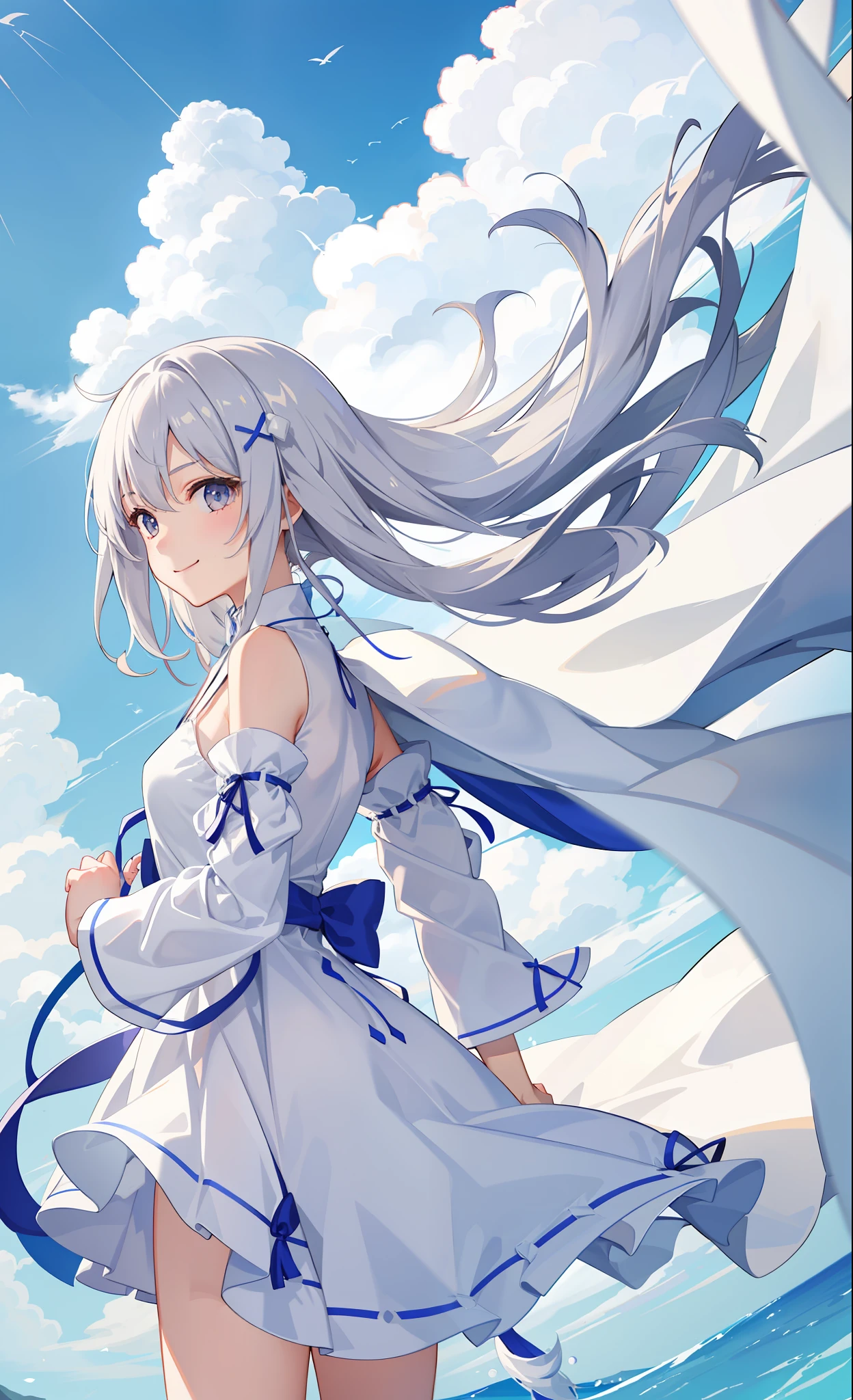 1girl in、A smile、White fluffy dress、the wind、夏天、