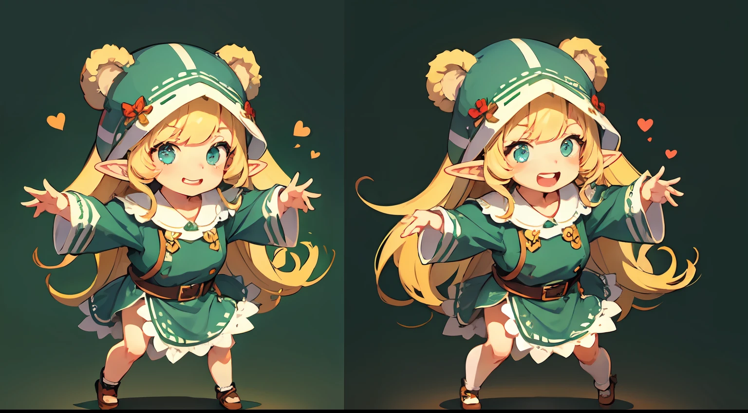 Cute elf character drawn in realistic hand drawn style、I work at a concept café、Today I generated a bright illustration of dancing in a bear costume。