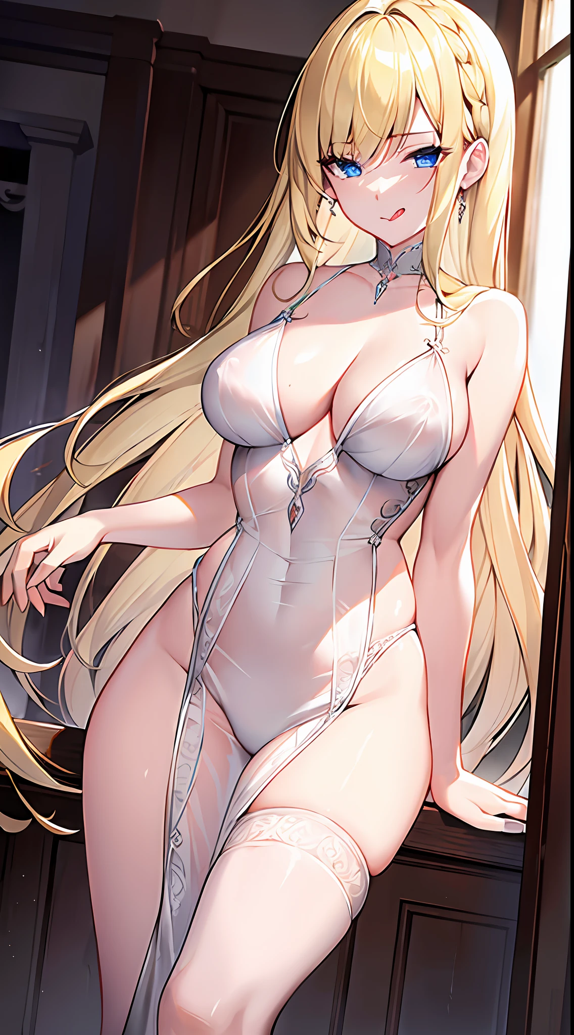((cinematic)) POV, 4K, high definition {masterpiece}, aesthetic, perfectly detailed. pale skin mature and elegant sexy, long blonde hair woman wearing transparent white wet lingerie waiting for viewers on the front of opened room door. hazel blank eyes, tongue out, seducing