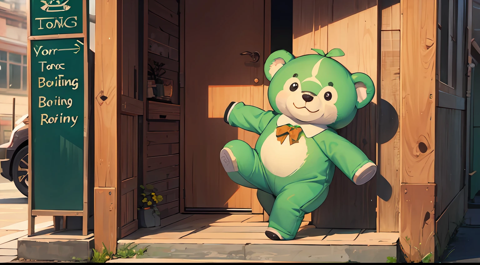 Cute elf character drawn in realistic hand drawn style、I work at a concept café、Today I generated a bright illustration of dancing in a bear costume。