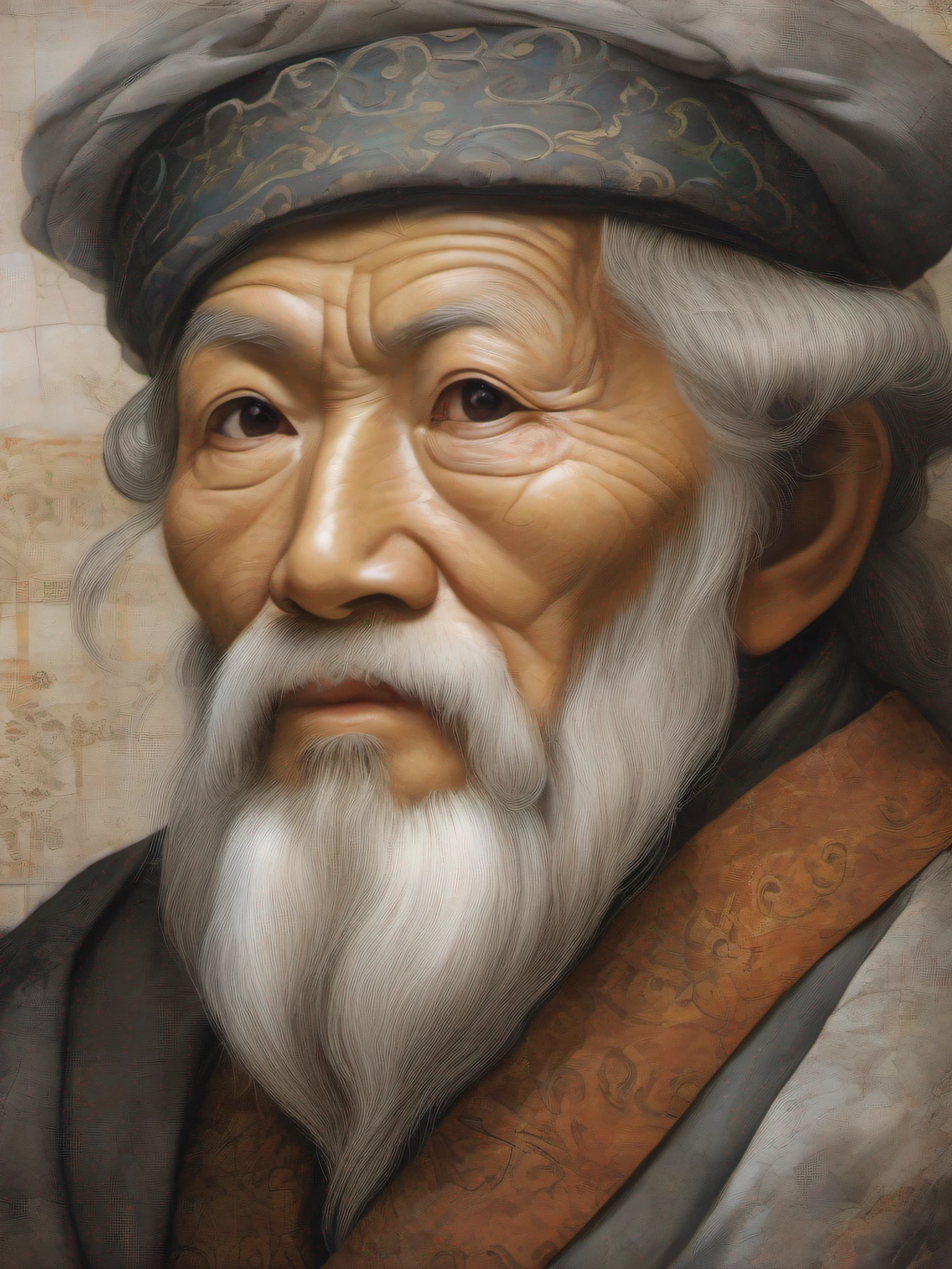 This European Renaissance portrait mural of a gritty elderly man presents a confident and determined figure of an older man。His facial lines are vividly depicted,It reveals the wisdom and tenacity bestowed by the years。
The elderly man has a bushy beard,The beard is vigorous and full,Show his maturity and majesty。His beard and hair showed a grayish hue,Highlight his age and experience。His eyes were fierce and powerful,Sharp and calm,It seems to be able to see through people's hearts,Express his wisdom and firmness。
His face was bumpy,It is more wrinkled and has a deep texture,Show the years and storms he has experienced,and deep contemplation and understanding of life。the corners of your mouth rise slightly,It seems to reveal a hint of humor and confidence。
The background of the portrait is dark and solemn,Complements his image of perseverance。The details in the frescoes portray the symbolic elements behind him,Such as classical architecture、Books and maps, etc,It implies his pursuit and contribution to knowledge and wisdom。
The entire mural passes through specific facial details and sharp eyes,The courage and wisdom of this elderly man is shown。His portraits show the reverence and respect for mature men during the European Renaissance。The mural is depicted through details and expressions,It conveys a strong attitude and firm belief,It makes people feel the pursuit of humanity and wisdom during the European Renaissance。