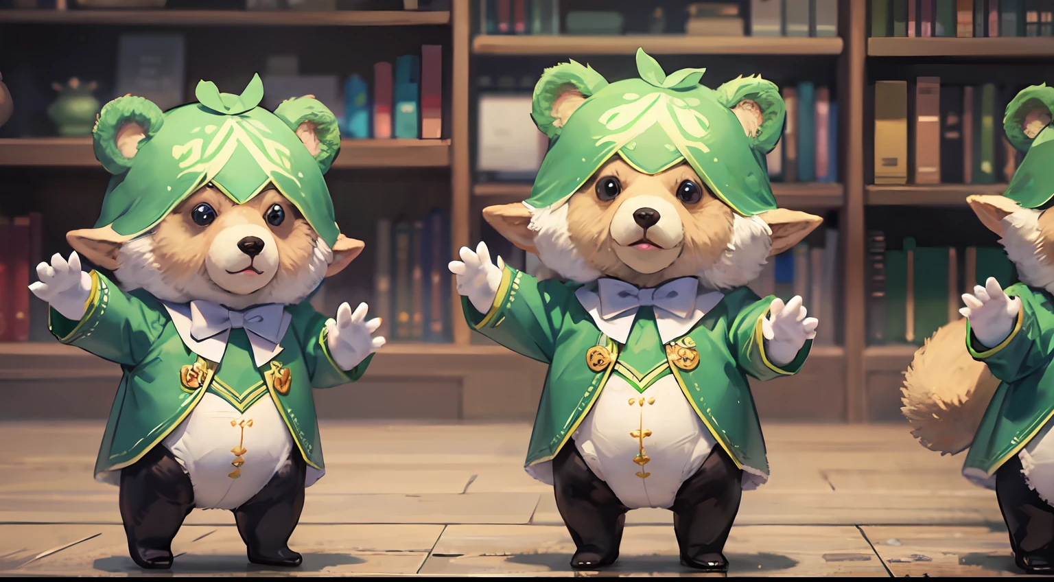 Cute elf character drawn in realistic hand drawn style、I work at a concept café、Today I generated a bright illustration of dancing in a bear costume。