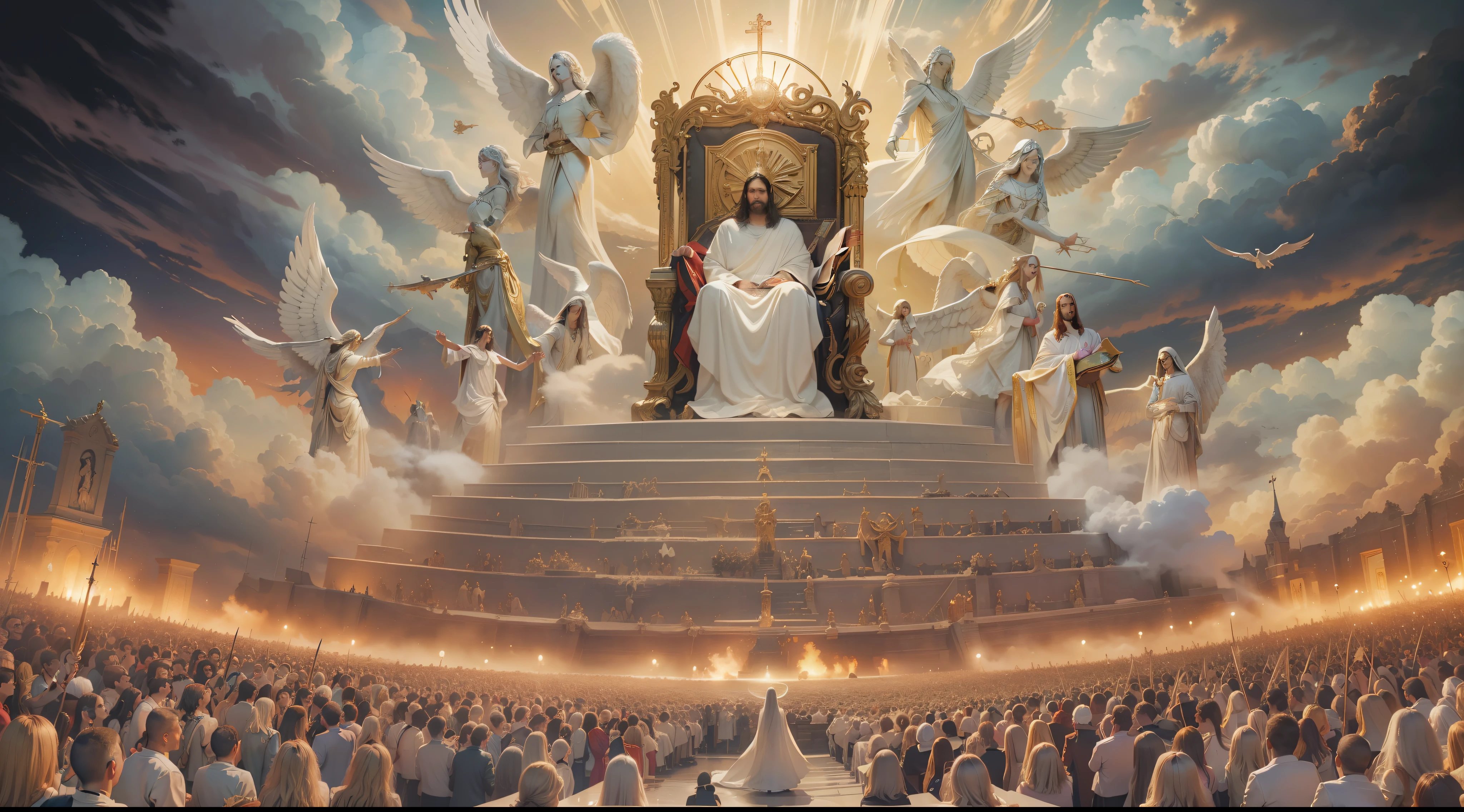 A stunning image depicting the Doomsday scenario, conforme descrito em Apocalipse 20:11. ((O trono branco onde Jesus se senta se destaca na cena)), The throne of Jesus is full of glory, Before Jesus an immense multitude of people, Everyone is in the clouds, There is no heaven or earth, simbolizando a majestade divina. Powerful angels are present, solemnly watching the opening of the books, representing the records of each individual's actions. an untold crowd of people, aguardando seu destino eterno. The mood is one of reverence and awe before the divine justice that will be established.