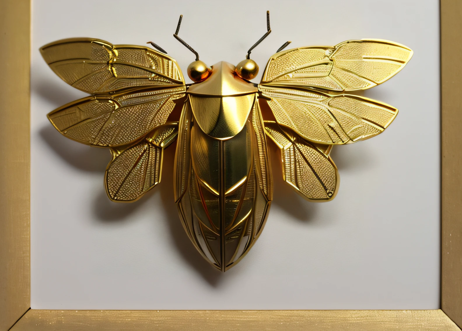 Close-up of golden insect brooch with red eyes, steampunk insect, scarab, photo of a mechanical butterfly, sculpture made of gold, Made of insects, 3D bee made of metal, insect, steampunk stag beetle, jewelry engraved in scarab, gilded with gold, gold, author：Matthew S. Wilson, Cicada wings, author：Dietmar Dammelau
