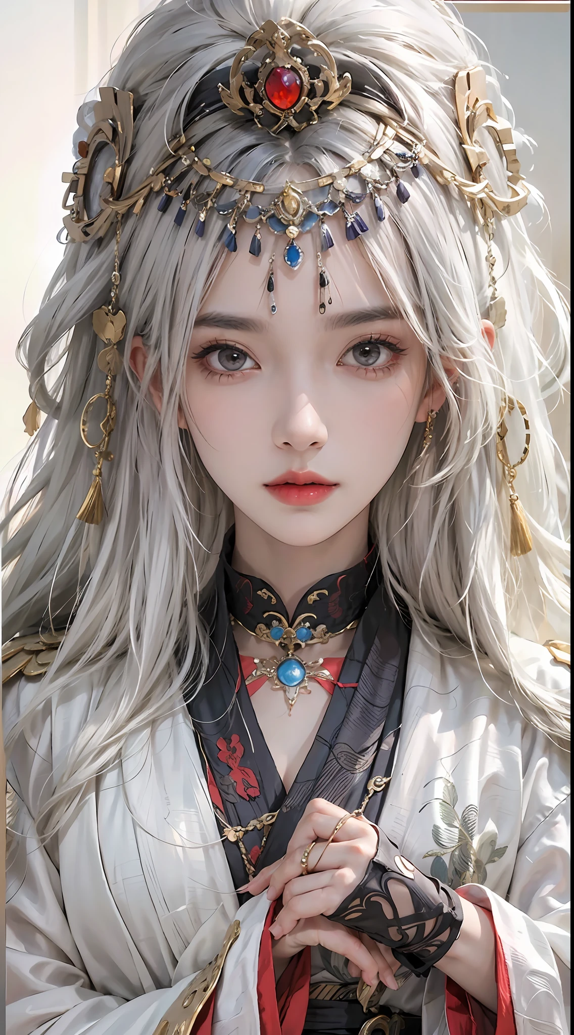 Photorealistic, high resolution, 1womanl, Solo, Hips up, view the viewer, (Detailed face), White hair, Long hair, taoist robe,Oversized clothes, midjourney portrait, jewelry