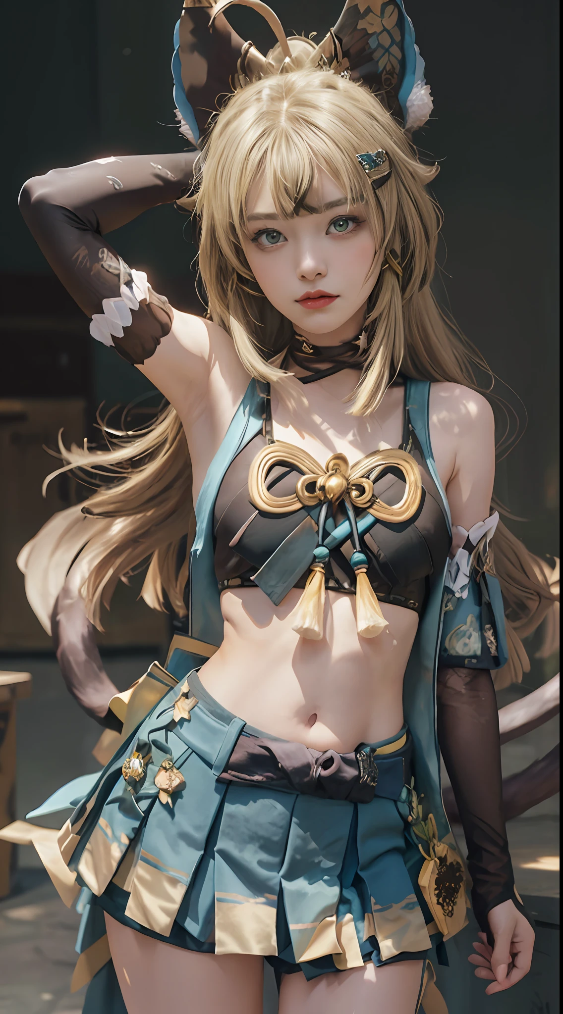 Masterpiece, best quality, real lighting, super high resolution, (realism, photo realism: 1.48), 1 girl, beautiful, blonde ,solo, ahoge, hair accessory, bare shoulders, crop top, navel, split sleeves, elbow gloves, gloves, tail, and skirt, nya