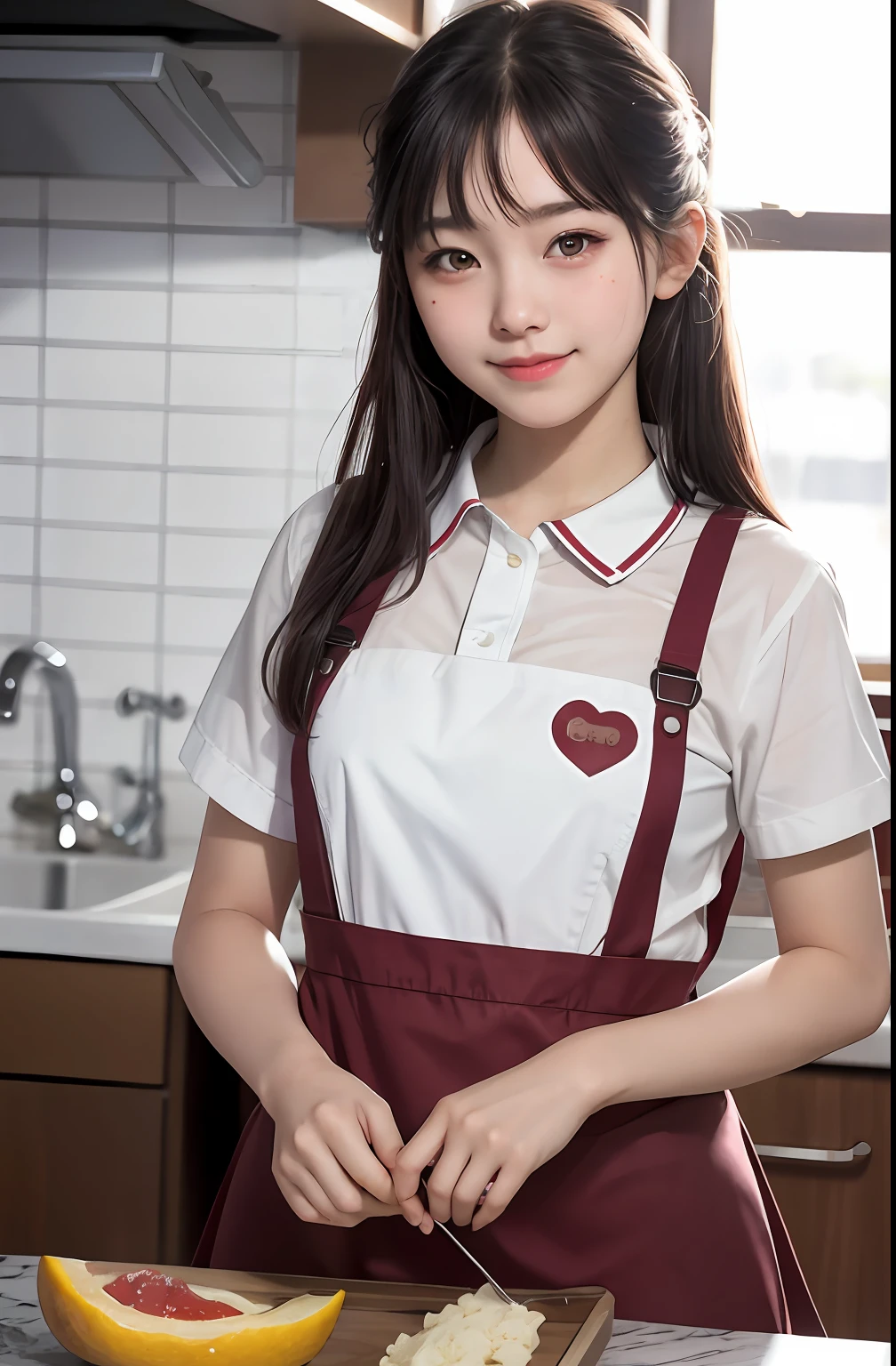 1girl, cute, , sexual expression, look at viewer, apron, seifuku, photo, realistic, best quality, hires, detailed face, in kitchen, detailed background, diffused lighting, depth of field, bokeh.