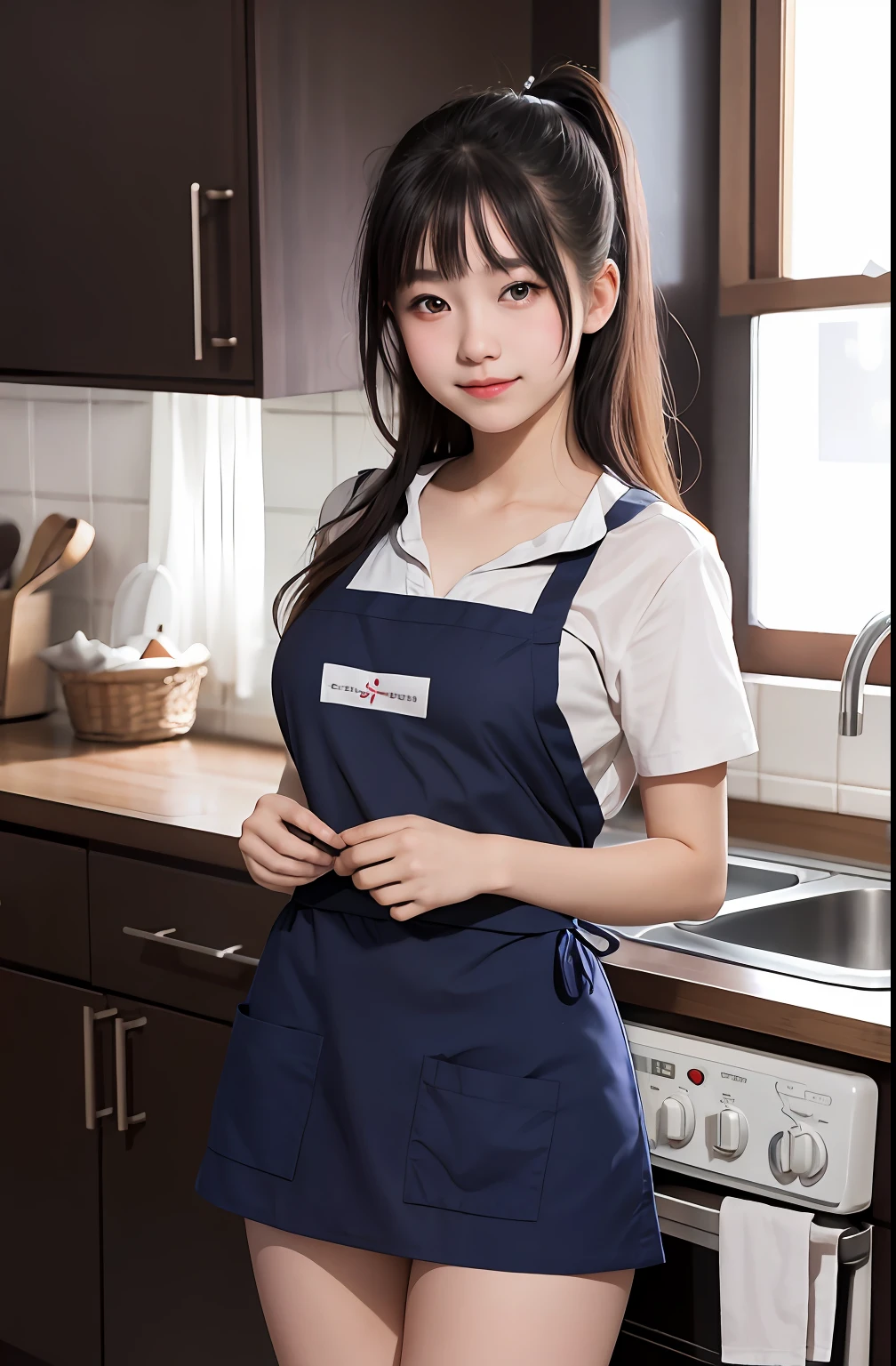 1girl, cute, , sexual expression, look at viewer, apron, seifuku, photo, realistic, best quality, hires, detailed face, in kitchen, detailed background, diffused lighting, depth of field, bokeh. Without shirt, without pants, no bra, no panties