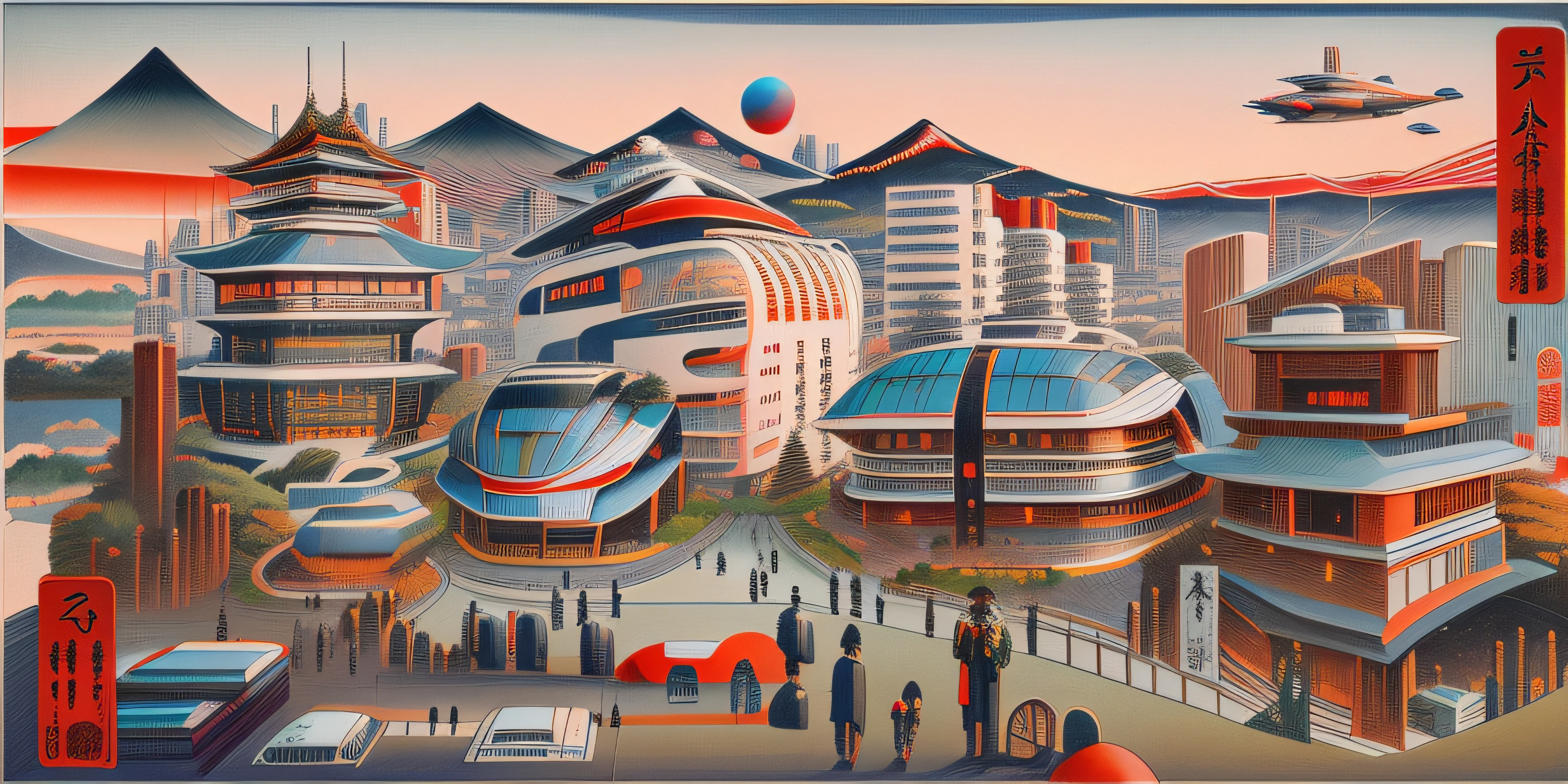 Japan in futuristic modern city, Fuji mountain, a red sun behind fuji mountain, futuristic flying cars in the sky, big tall buildings with traditional accent, flying buildings in the sky, people in modern costume