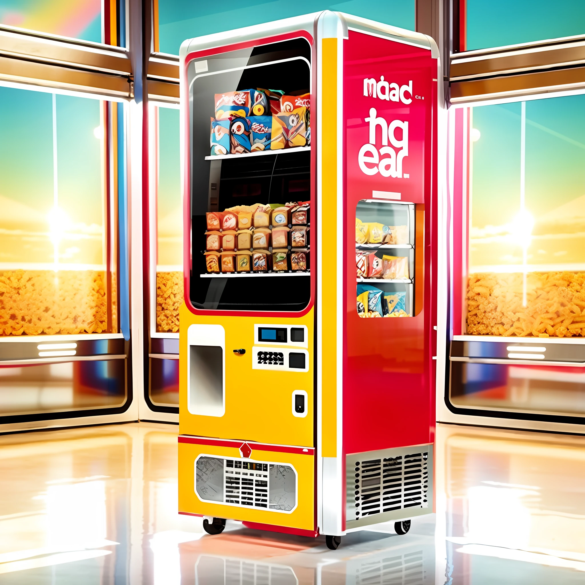 Snack vending machines， The big black screen in the middle is the monitor，There is an advertisement for snacks on the fuselage，Rich in color，White basemap