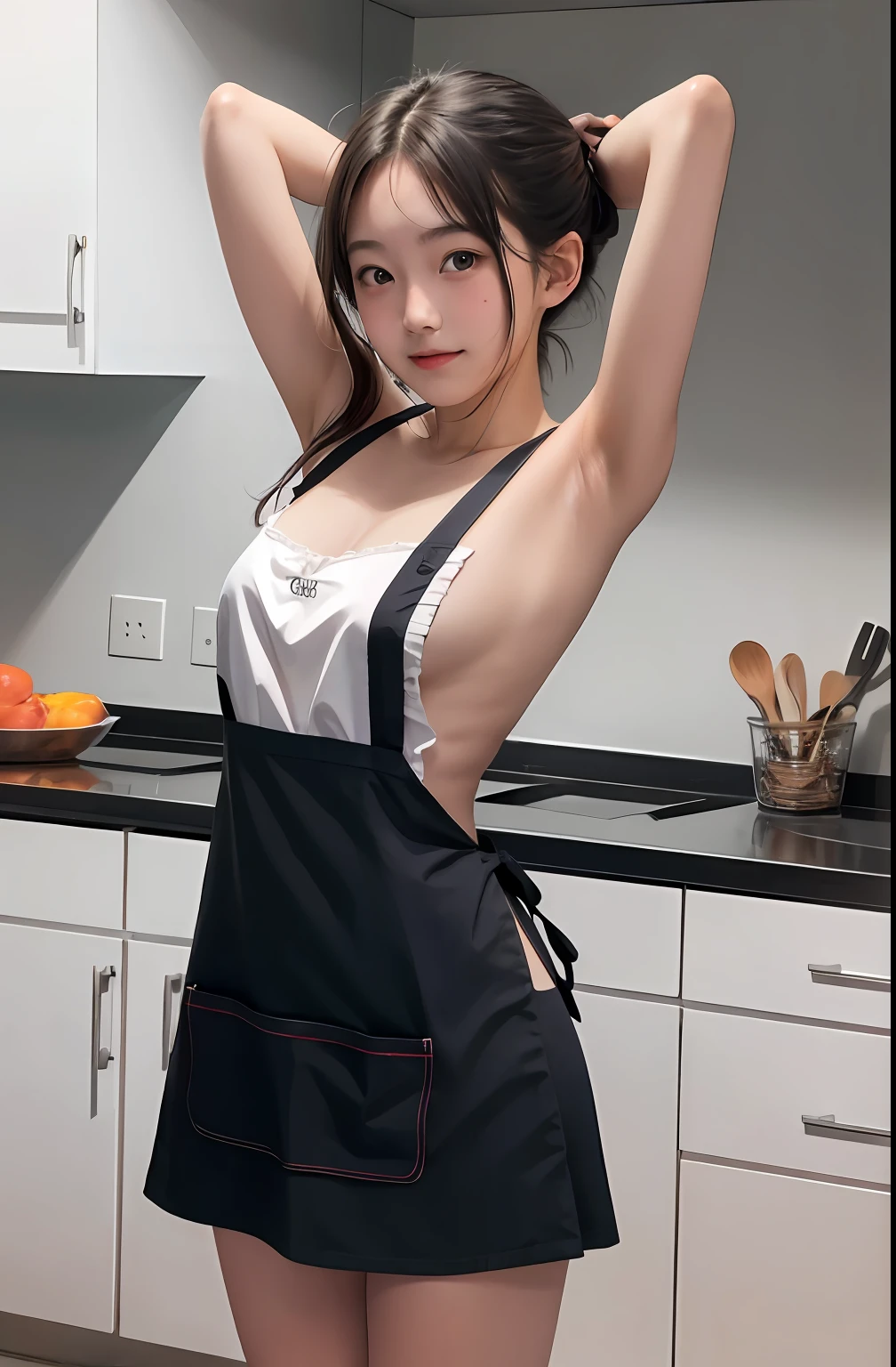 1girl, cute, , Apron, sexy, in kitchen, 8k resolution, full body, no clothes, no panties, sexual expression, armpits,