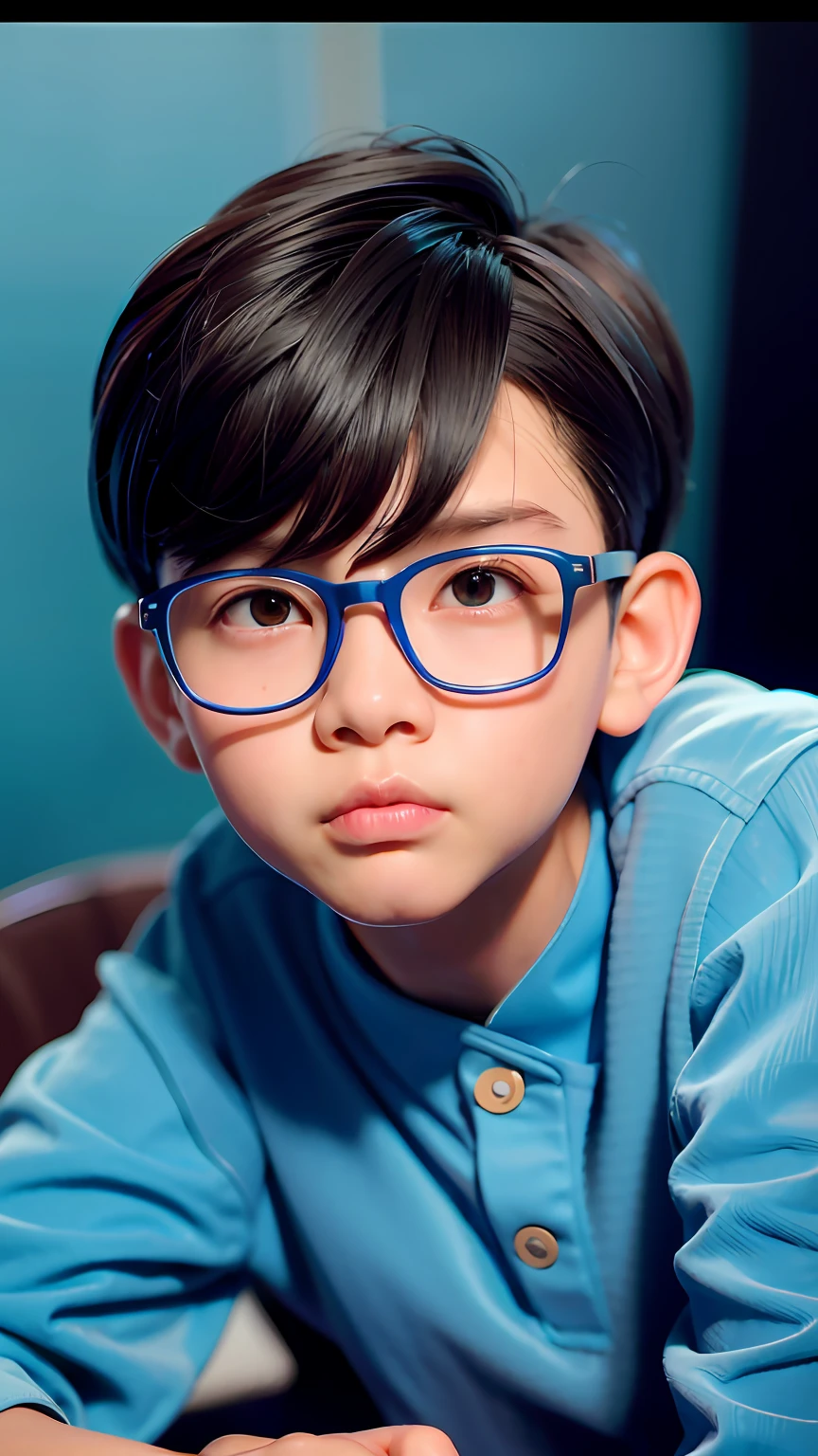 there is a young boy wearing glasses sitting on a chair, yanjun cheng, blue rimmed glasses, wearing thin large round glasses, yihao ren, With glasses, ???, Strong blue edges, Li Zixin, jinyiwei, wears glasses, Wang Qichao, 4 year old, eye glass, ruan jia beautiful!, Lei Yang