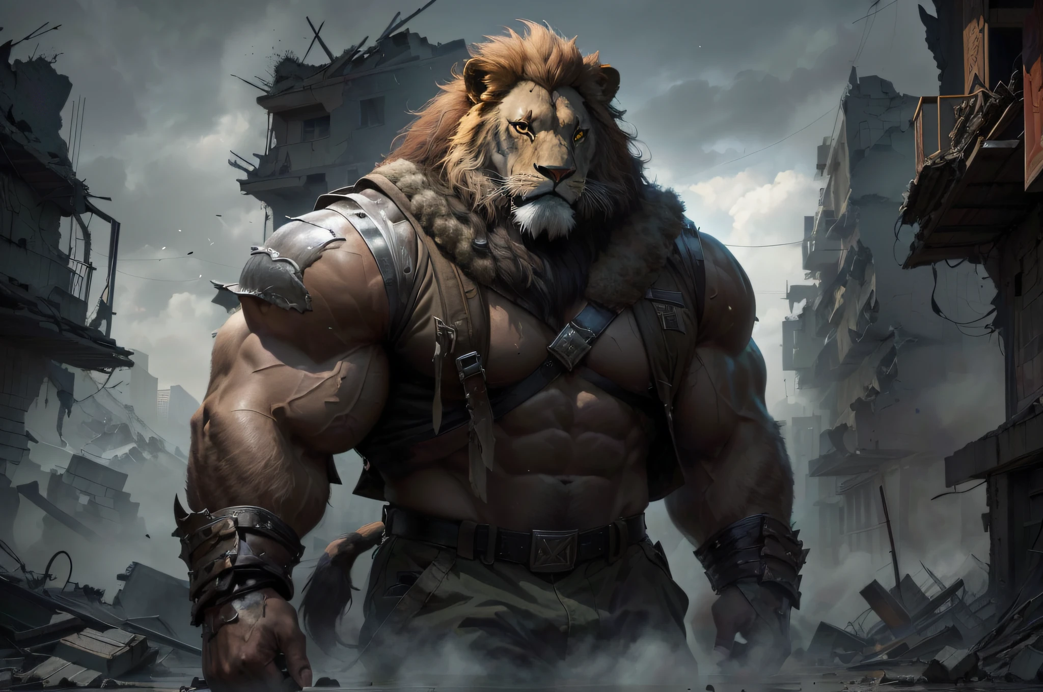 Close up of a lion standing in a destroyed city, The upper body is naked,fur-clad barbarian goliath, strong and imposing, wojtek fus, Lion warriors, inspired by Ryan Barger, Tiger_beast, concept art like ernest khalimov, muscular character, lord of beasts, portrait of rugged zeus, author:Adam Maczynski, author:Shen Zhou, by Yang J