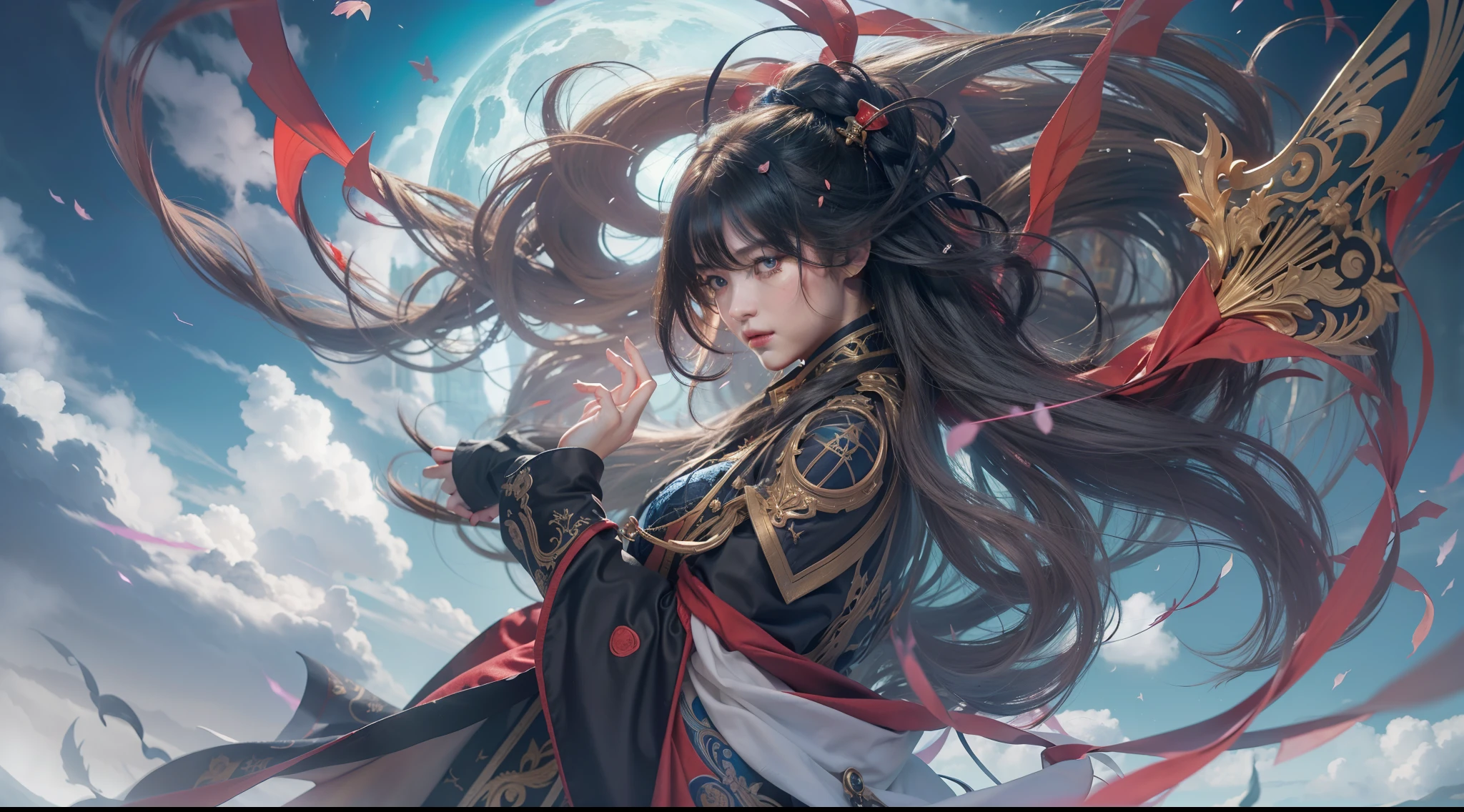 Above the rising clouds,Daytime, Dark, (Fantasy),infinite,deep blue sky,The abyss of knowledge,Cowledge,((masutepiece)), (((Best Quality))),((Beautiful fine eyes)),(Eye lashes)、Realistic clouds、Very beautiful face、The ultra -The high-definition、sea of clouds、beautiful a girl、(女の子1人)、Black hair、The long-haired、abyss eyes、glowy skin、oils、small tits、Perfect human body structure、Wizard's Red Robe、tattered cloth、Realistic coat、Teenchi、Super delicate CG Unity 32k wallpaper、photoRealstic、​masterpiece, ((ultra-detailliert)), ((illustratio)),colourfull,wall-paper,The energy,Unknown terror,Incomprehensible,Around the magic,Magical surroundings,magic wands,Boken,Flying pages,Know everything,Predict the future、Get to know the past、Infinite wisdom、blue flames、Warlock、magic circles、Pentagram、Spells、mantra、Singing magic