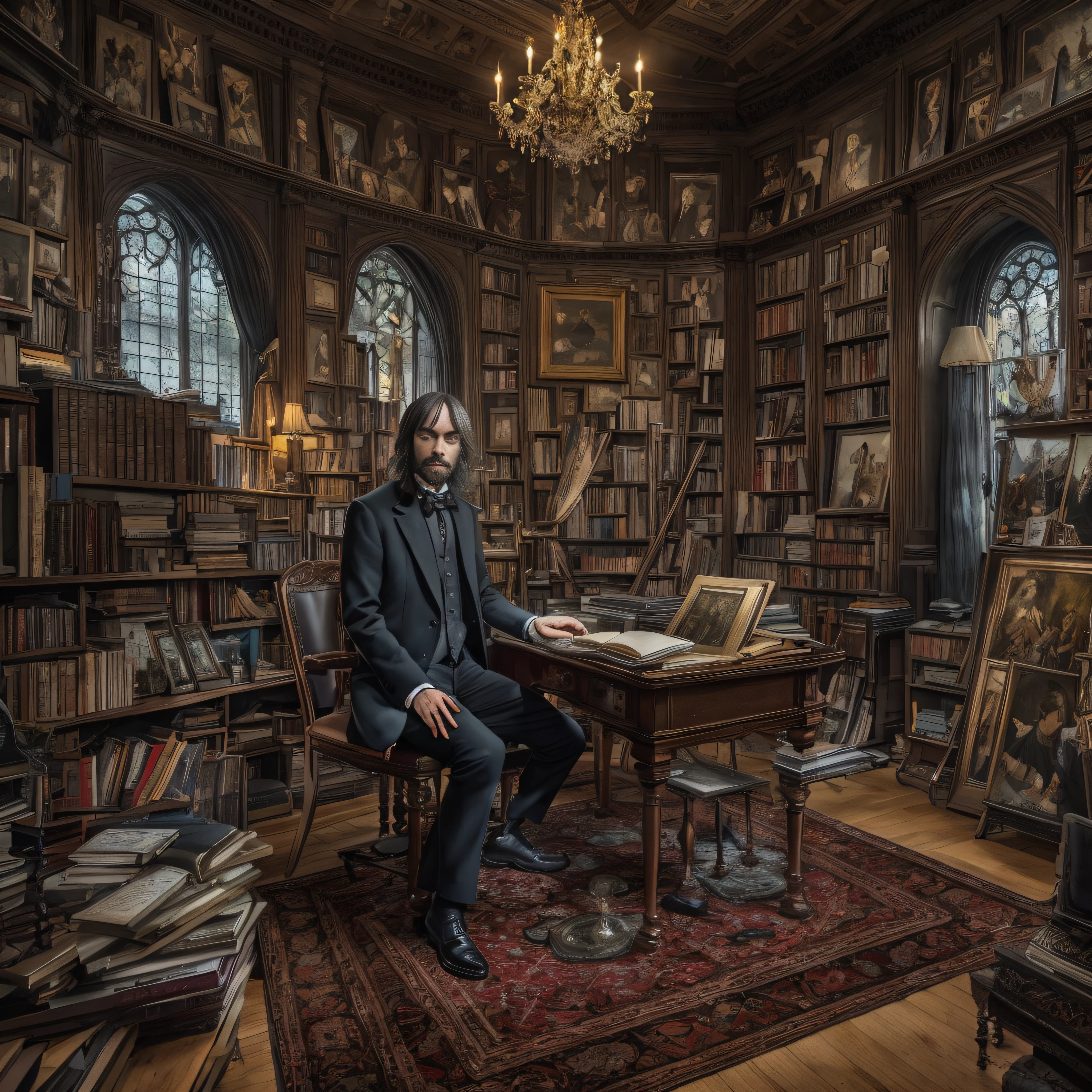 " Cédric Villani anime lovely gothic musicologist man inside his elaborate study room and studio: por artistas "kyo e redjuice e David Revoy e so-bin e Junji Ito e Hajime Isayama": resolução hdr dslr hiperdetalhada de 16K: Ultra_circunstanciado: Ultra_qualidade: CGSetnation: intrinsecamente detalhado: profundidade de cor: Gothic musicologist man"