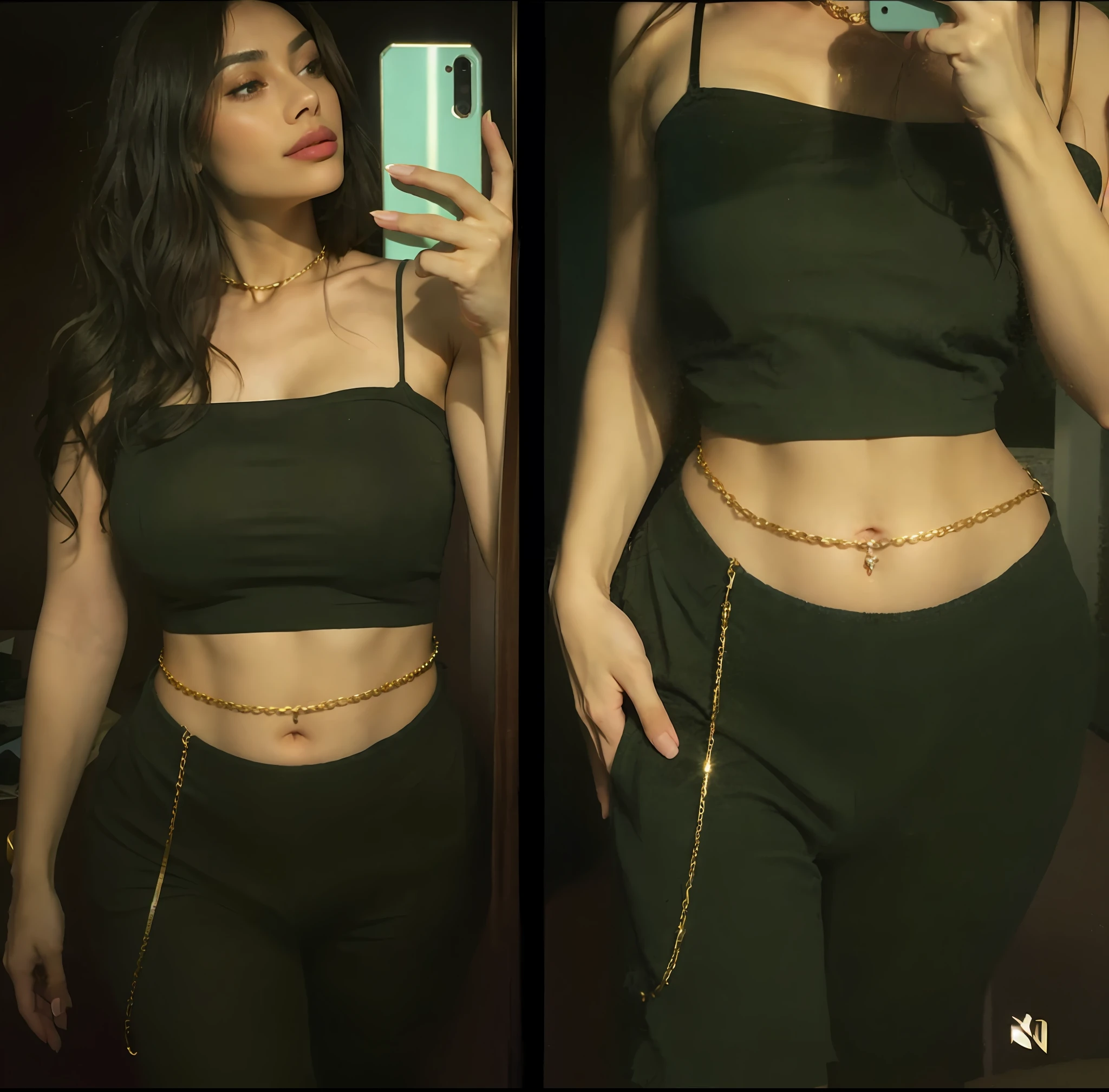 there is a woman taking a selfie in a mirror, her belly button is exposed, pierced navel, tinyest midriff ever, belly button showing, wearing crop top, croptop, half body cropping, belly exposed, gold chain belt, smallest waistline ever, wearing gold chain, physical : tinyest midriff ever, low quality selfie, hazy selfie,